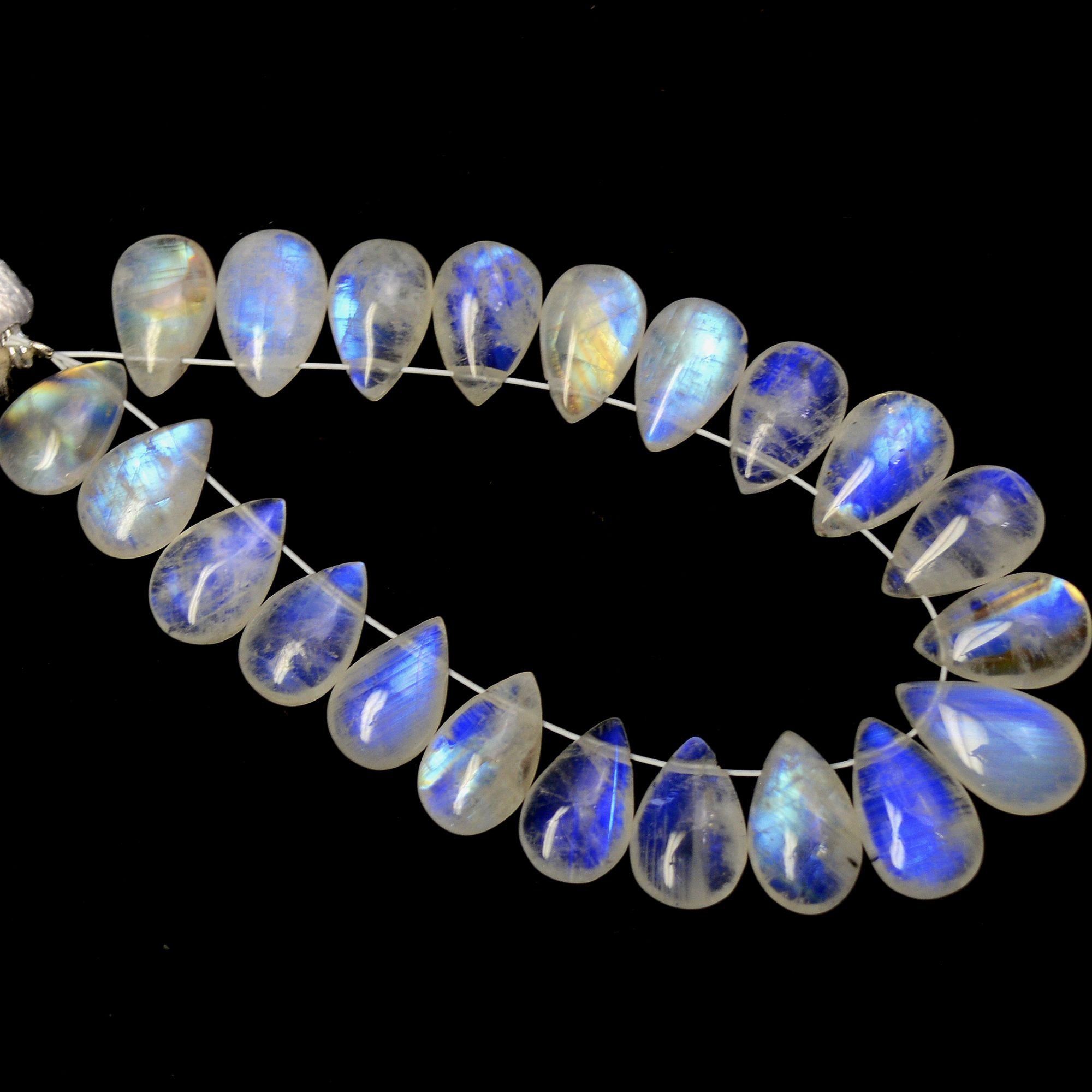 21 Pcs 60 Cts Natural Rainbow Moonstone Teadrop Briolettes Blue Flash Side Drill Loose Gemstone Beads Wholesale Lot 10x6-7x12mm R-13546