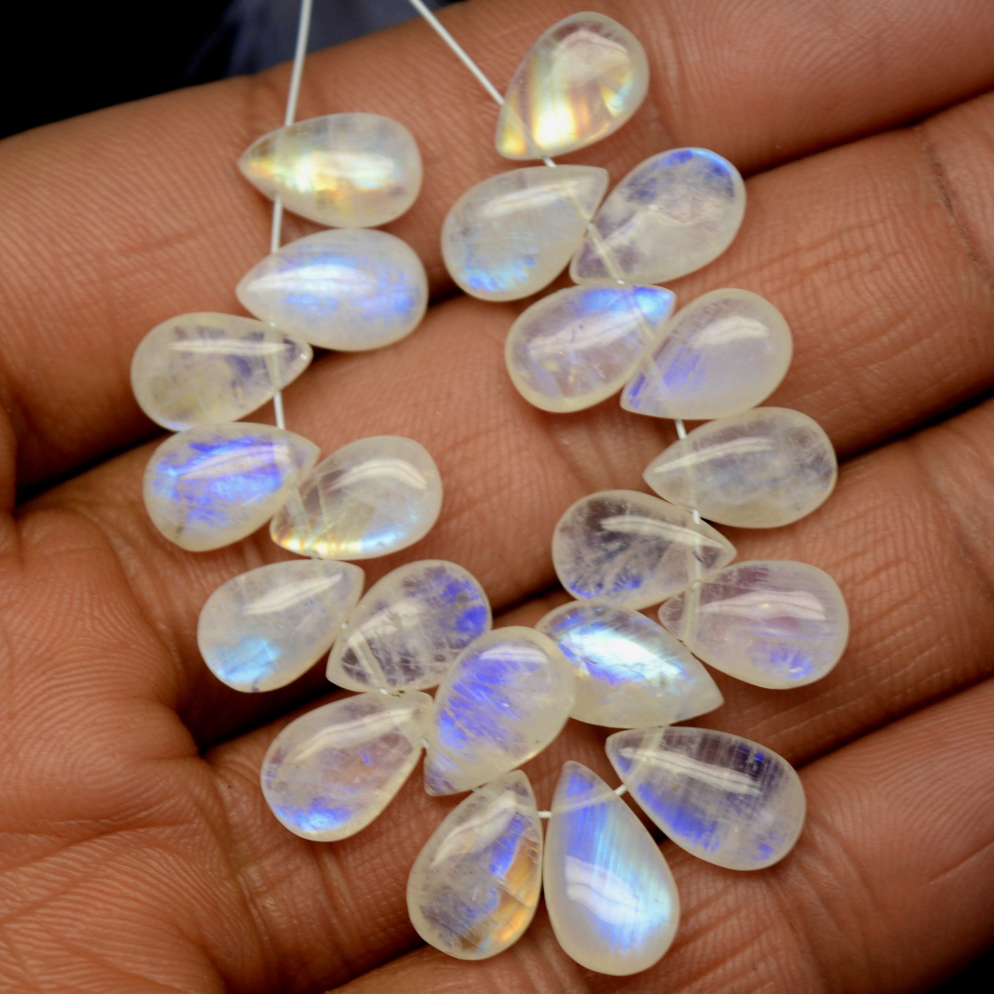 21 Pcs 60 Cts Natural Rainbow Moonstone Teadrop Briolettes Blue Flash Side Drill Loose Gemstone Beads Wholesale Lot 10x6-7x12mm R-13546