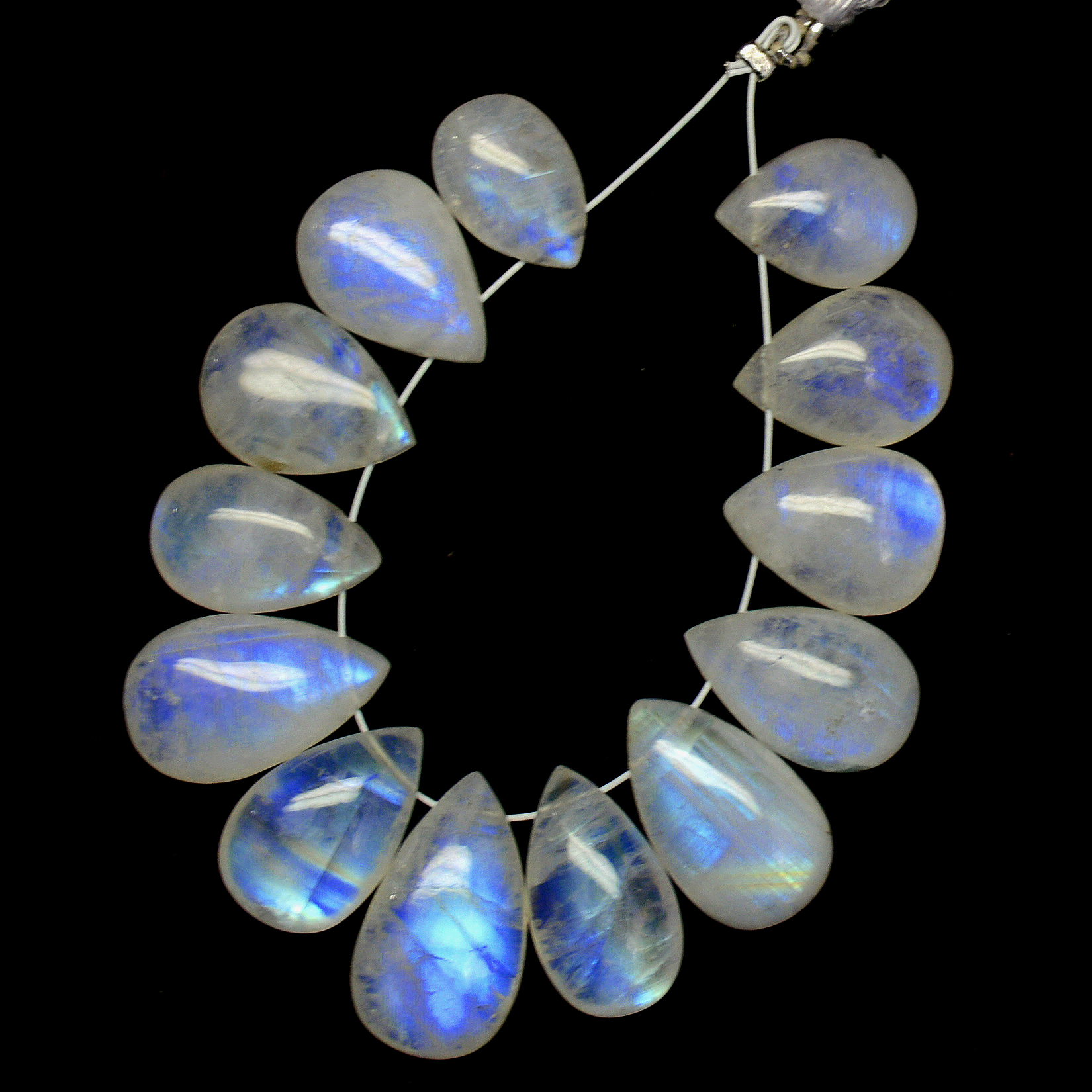 13 Pcs 76 Cts Natural Rainbow Moonstone Teadrop Briolettes Blue Flash Side Drill Loose Gemstone Beads Wholesale Lot 11x8-16x9mm R-13552