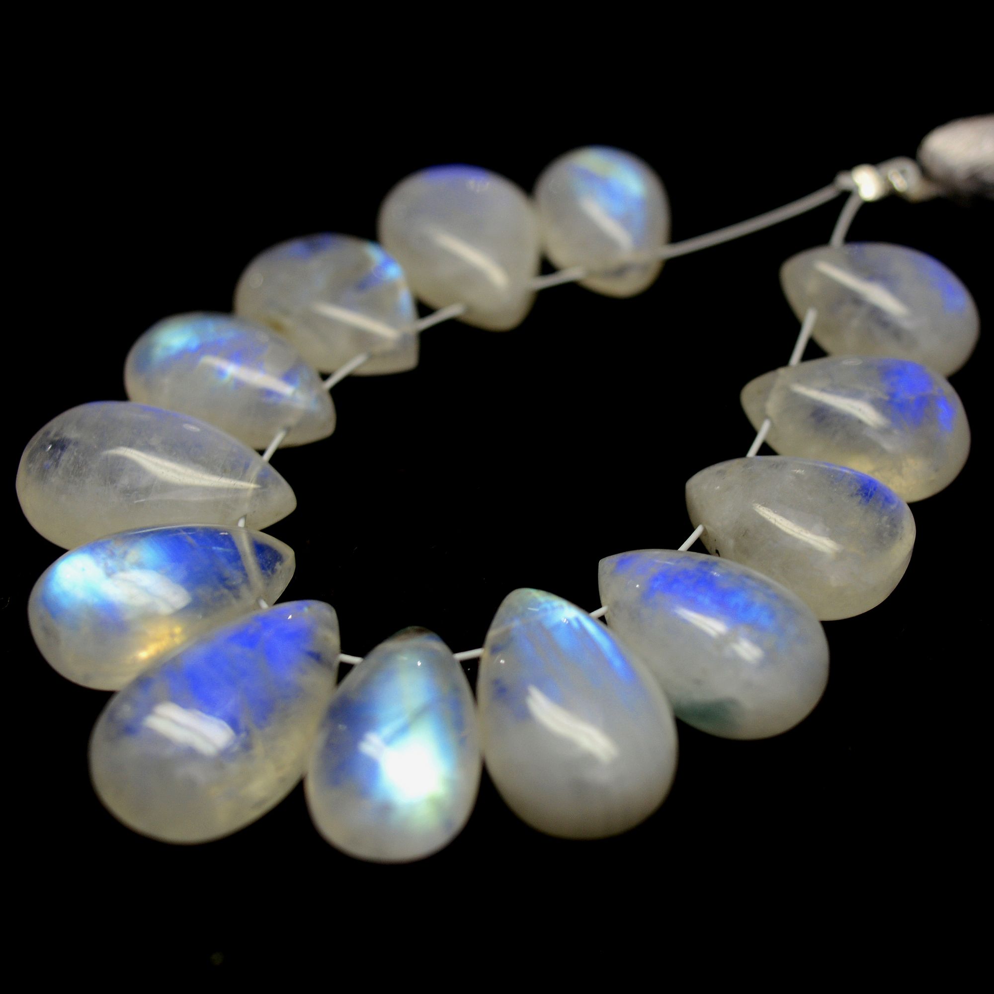 13 Pcs 76 Cts Natural Rainbow Moonstone Teadrop Briolettes Blue Flash Side Drill Loose Gemstone Beads Wholesale Lot 11x8-16x9mm R-13552