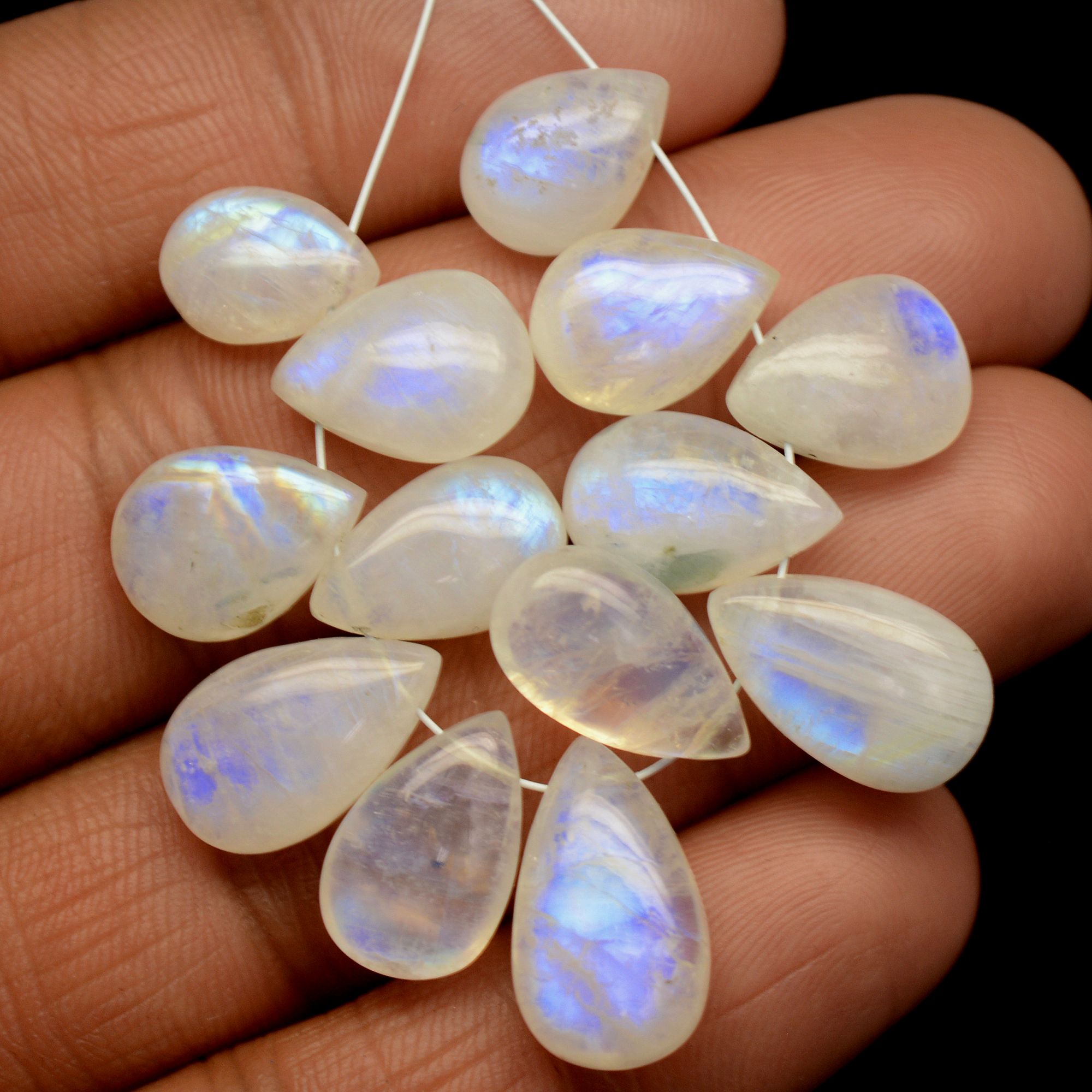 13 Pcs 76 Cts Natural Rainbow Moonstone Teadrop Briolettes Blue Flash Side Drill Loose Gemstone Beads Wholesale Lot 11x8-16x9mm R-13552