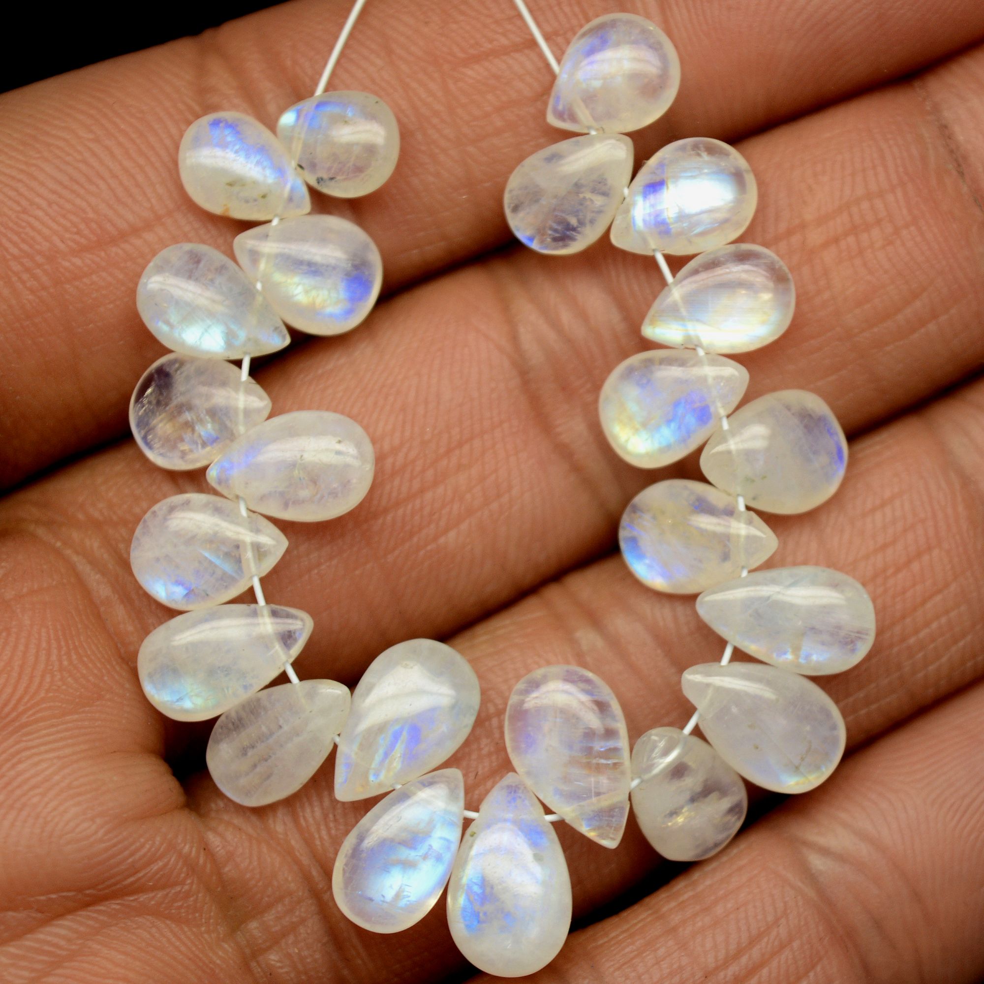 23 Pcs 38 Cts Natural Rainbow Moonstone Teadrop Briolettes Blue Flash Side Drill Loose Gemstone Beads Wholesale Lot 7x5-10x6mm R-13553