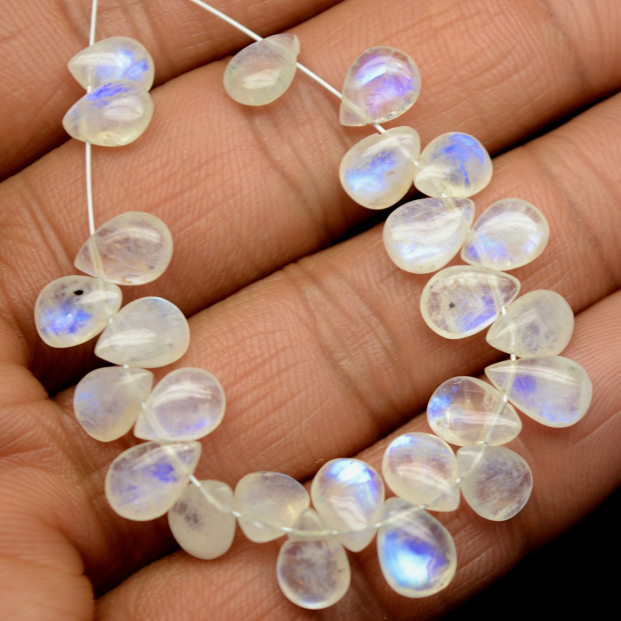 25 Pcs 34 Cts Natural Rainbow Moonstone Teadrop Briolettes Blue Flash Side Drill Loose Gemstone Beads Wholesale Lot 7x5-8x5mm R-13554