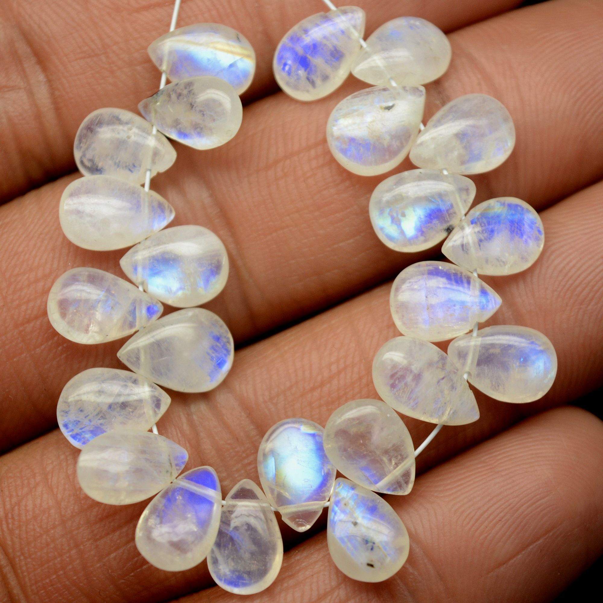 23 Pcs 37 Cts Natural Rainbow Moonstone Teadrop Briolettes Blue Flash Side Drill Loose Gemstone Beads Wholesale Lot 8x5-9x6mm R-13555
