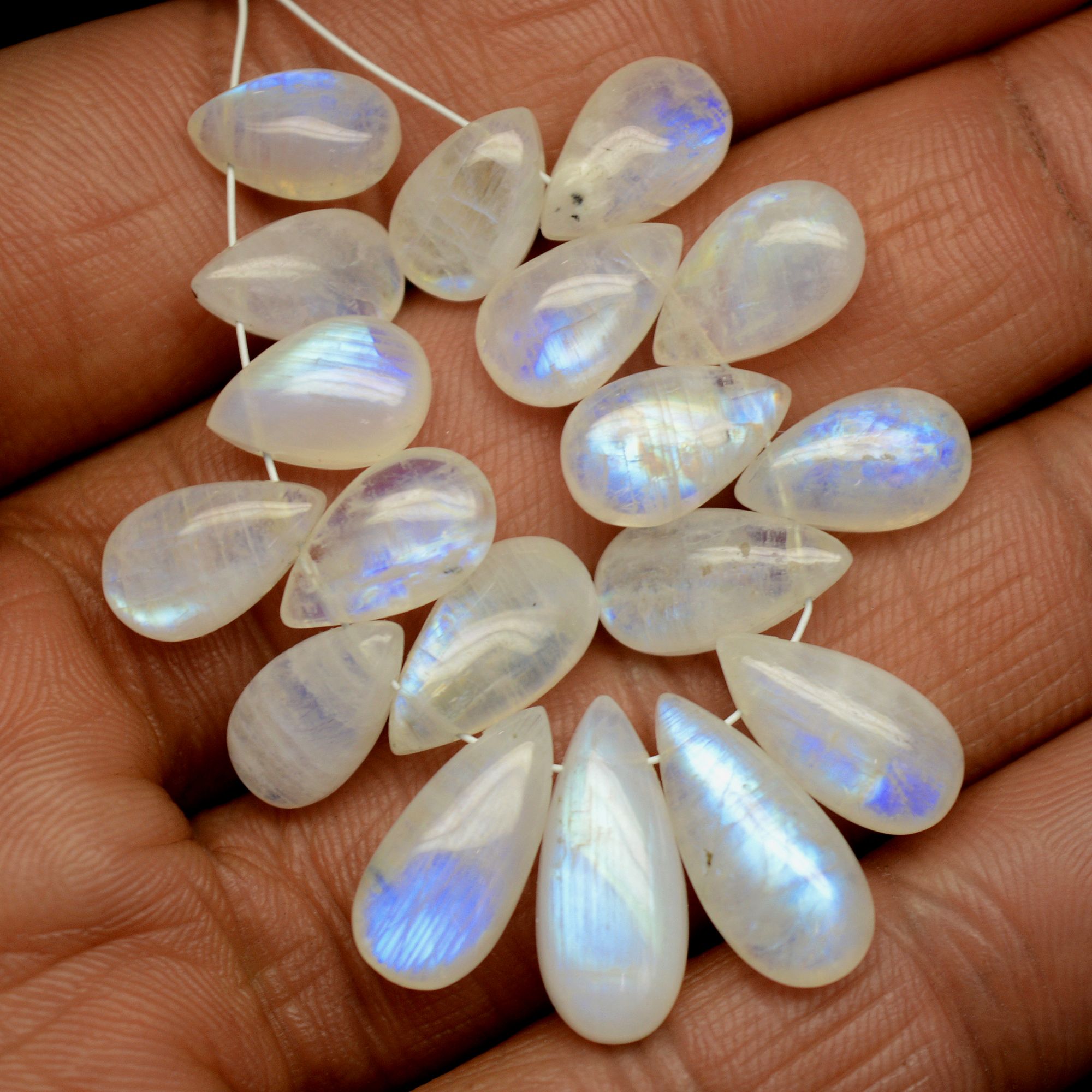 18 Pcs 67 Cts Natural Rainbow Moonstone Briolette AAA Quality Side Drill Loose Gemstone Gift For Her DIY Supplies 10x6-16x7mm R-13576