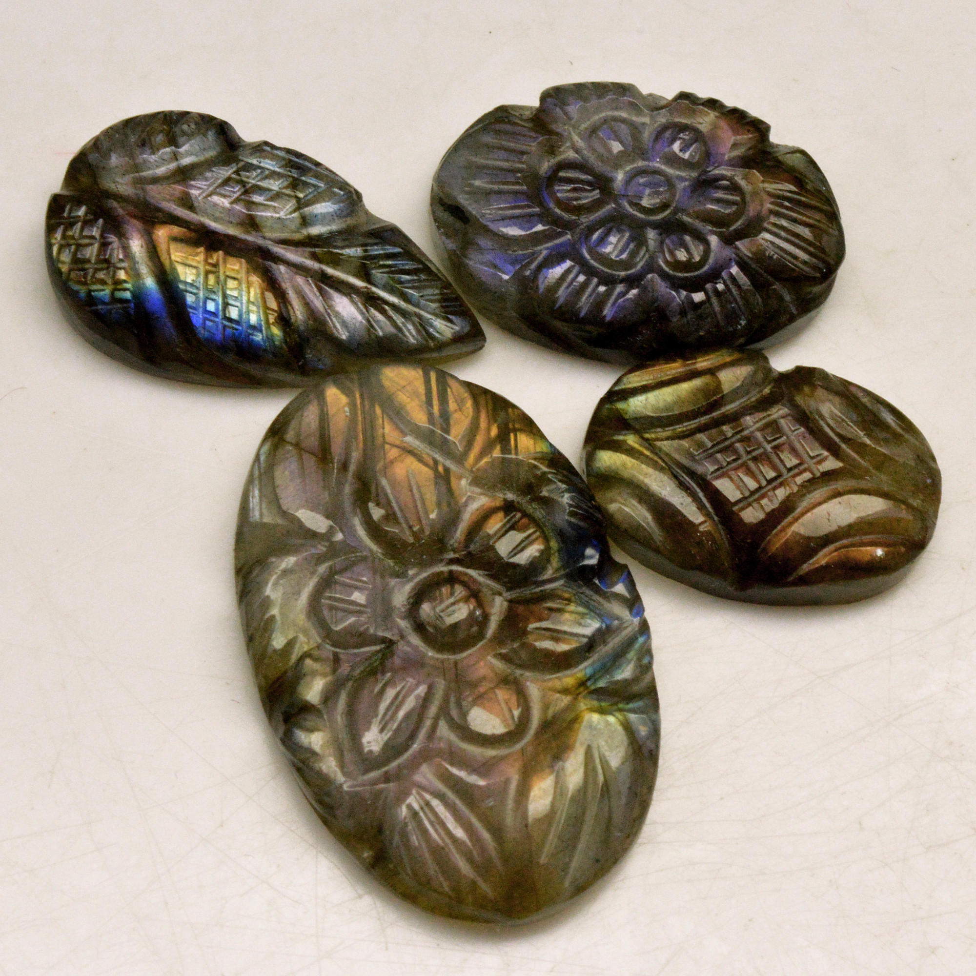 4 Pcs 60 Cts Natural Labradorite Carved Cabochon Blue Flashy Labradorite Carving Gemstone Mix Shape Loose Gemstone Flat Back Labradorite 30x18 14x10mm R-13592