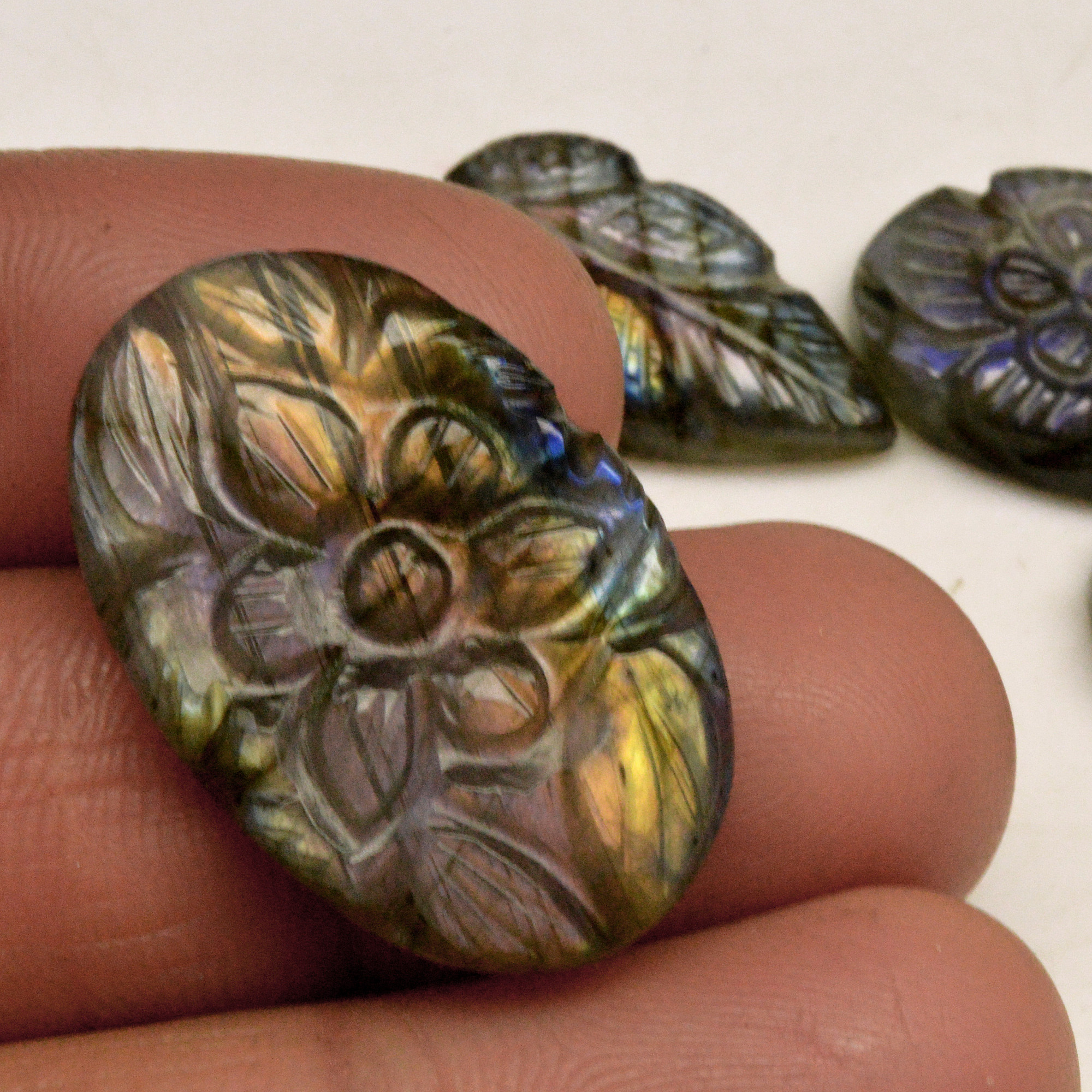 4 Pcs 60 Cts Natural Labradorite Carved Cabochon Blue Flashy Labradorite Carving Gemstone Mix Shape Loose Gemstone Flat Back Labradorite 30x18 14x10mm R-13592