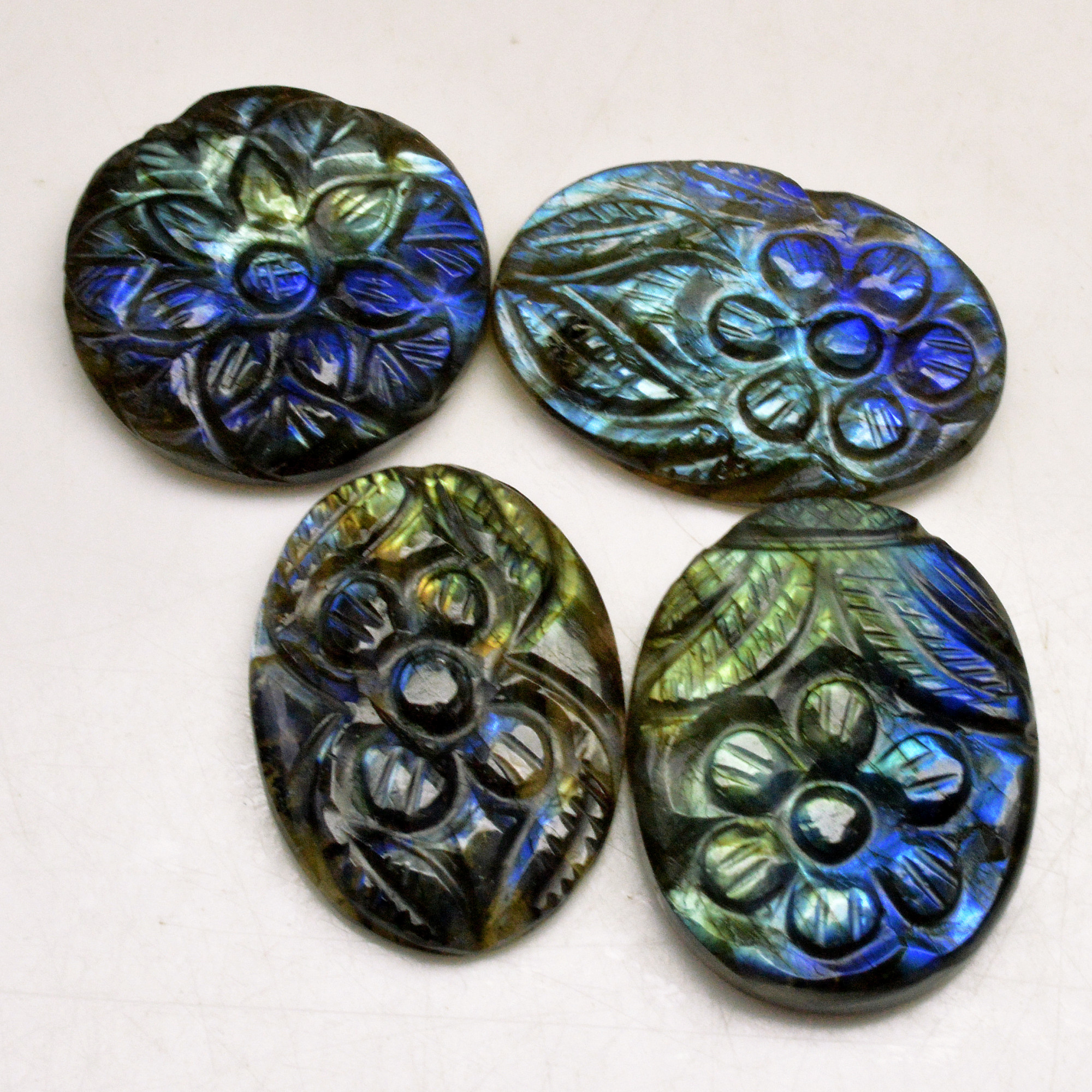 4 Pcs 112 Cts Natural Labradorite Carved Cabochon Blue Flashy Labradorite Carving Gemstone Mix Shape Loose Gemstone Flat Back Labradorite 27x21 21x21mm R-13597