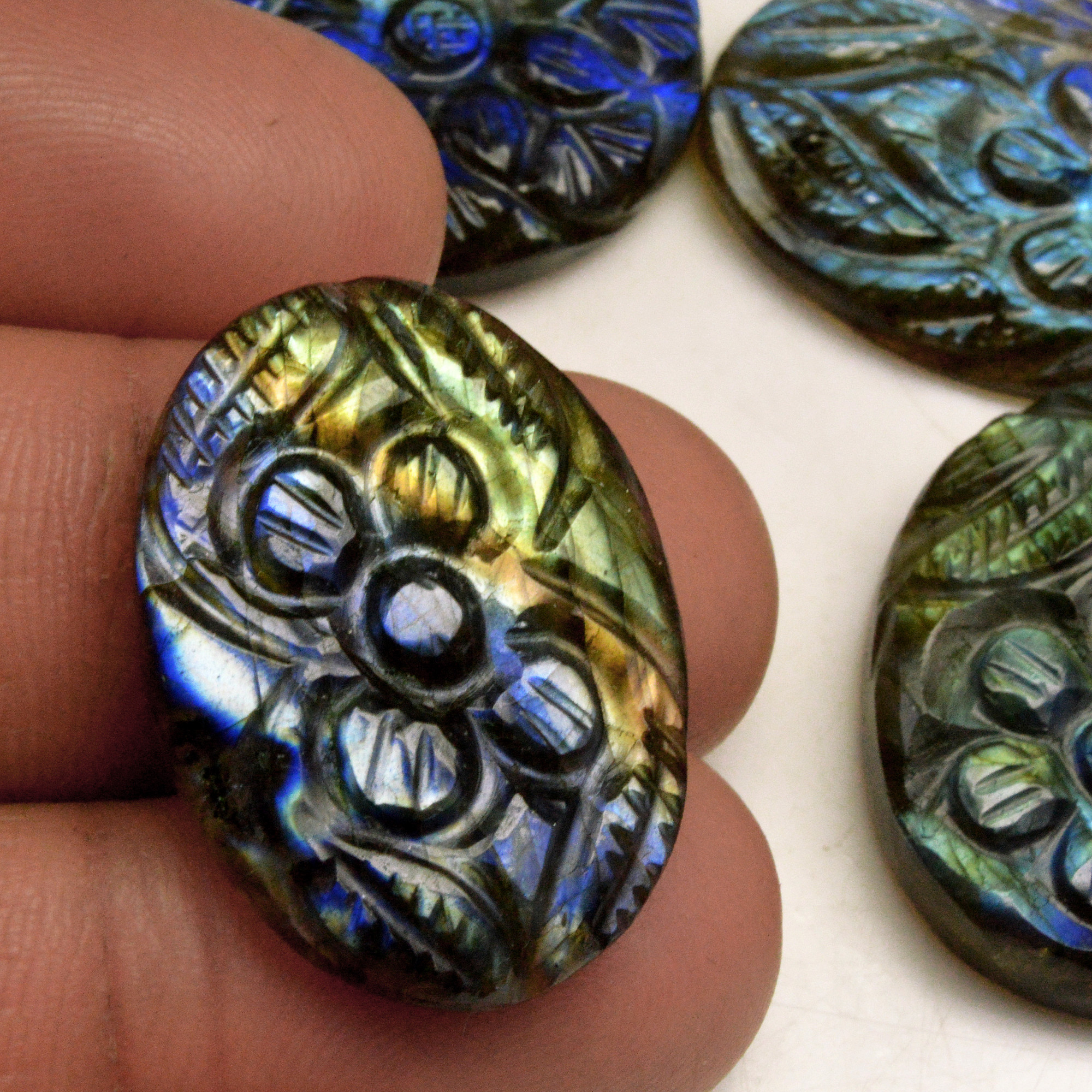 4 Pcs 112 Cts Natural Labradorite Carved Cabochon Blue Flashy Labradorite Carving Gemstone Mix Shape Loose Gemstone Flat Back Labradorite 27x21 21x21mm R-13597