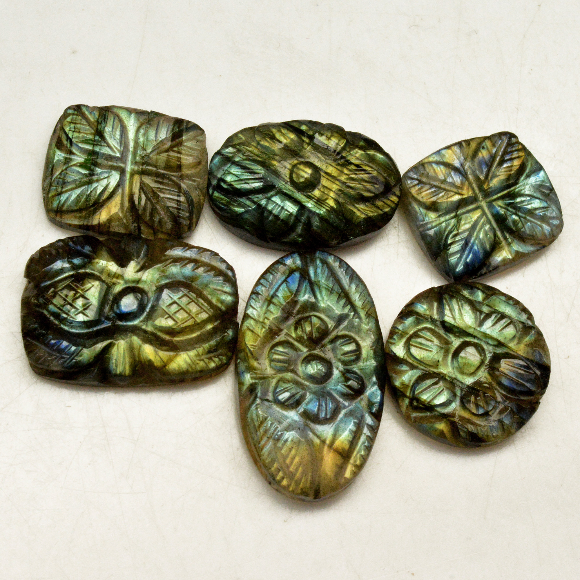 6 Pcs 69 Cts Natural Labradorite Carved Cabochon Blue Flashy Labradorite Carving Gemstone Mix Shape Loose Gemstone Flat Back Labradorite 21x12 12x12mm R-13602