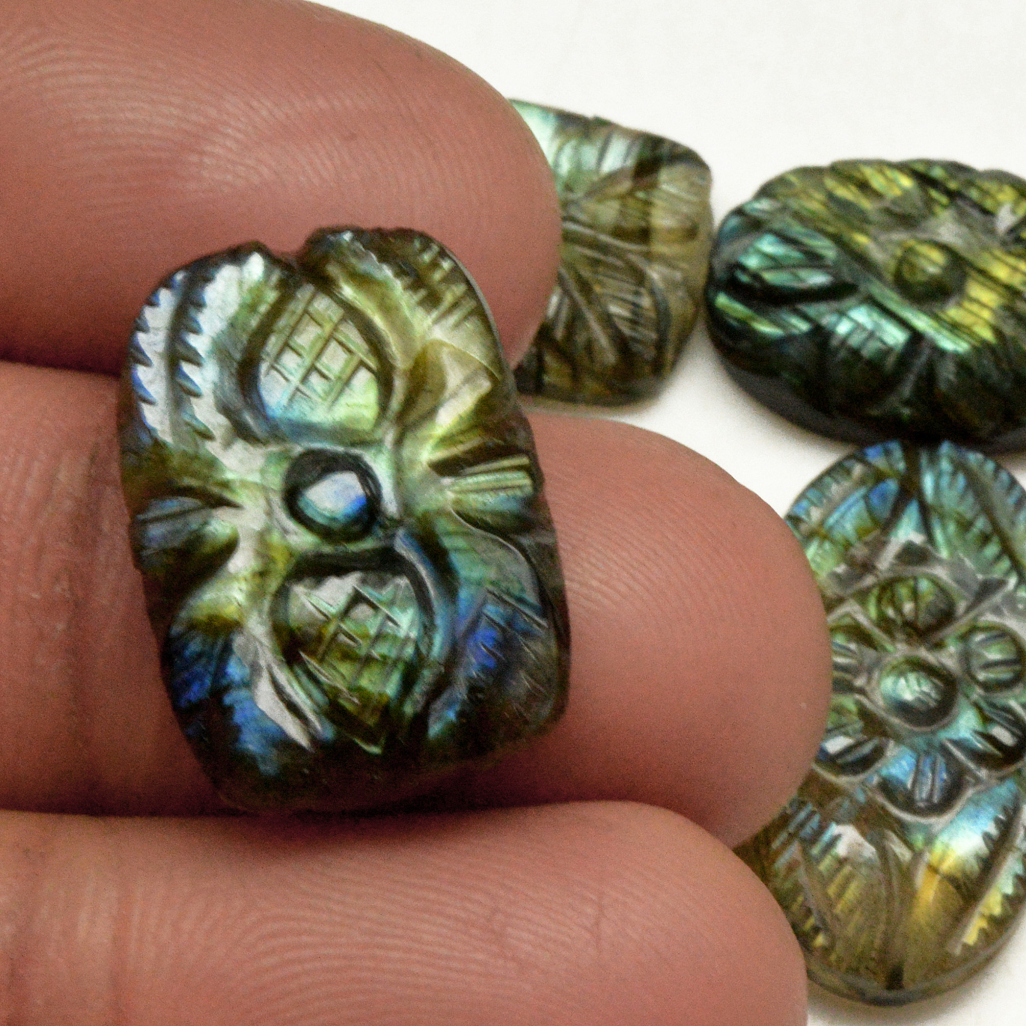 6 Pcs 69 Cts Natural Labradorite Carved Cabochon Blue Flashy Labradorite Carving Gemstone Mix Shape Loose Gemstone Flat Back Labradorite 21x12 12x12mm R-13602