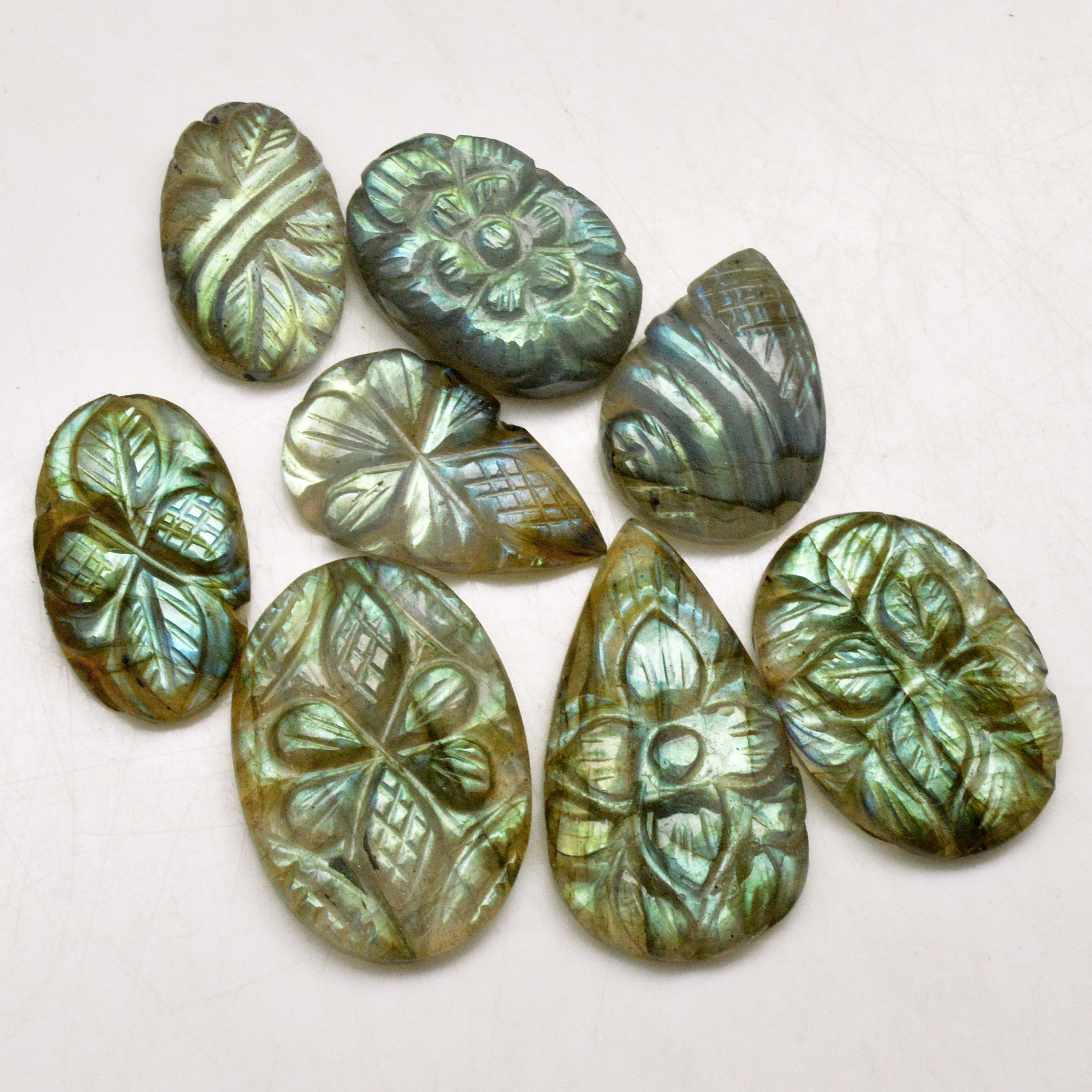 8 Pcs 87 Cts Natural Labradorite Carved Cabochon Blue Flashy Labradorite Carving Gemstone Mix Shape Loose Gemstone Flat Back Labradorite 25x12 13x10mm R-13605