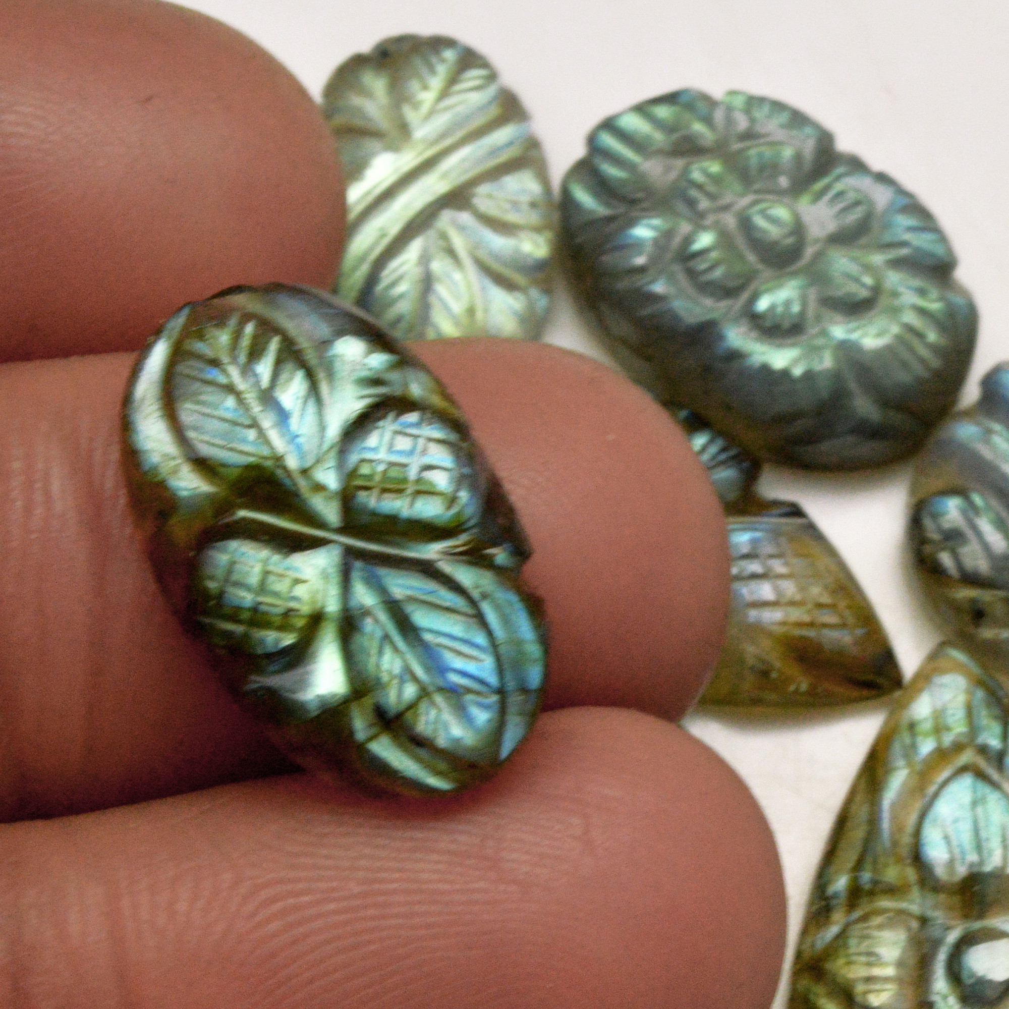8 Pcs 87 Cts Natural Labradorite Carved Cabochon Blue Flashy Labradorite Carving Gemstone Mix Shape Loose Gemstone Flat Back Labradorite 25x12 13x10mm R-13605