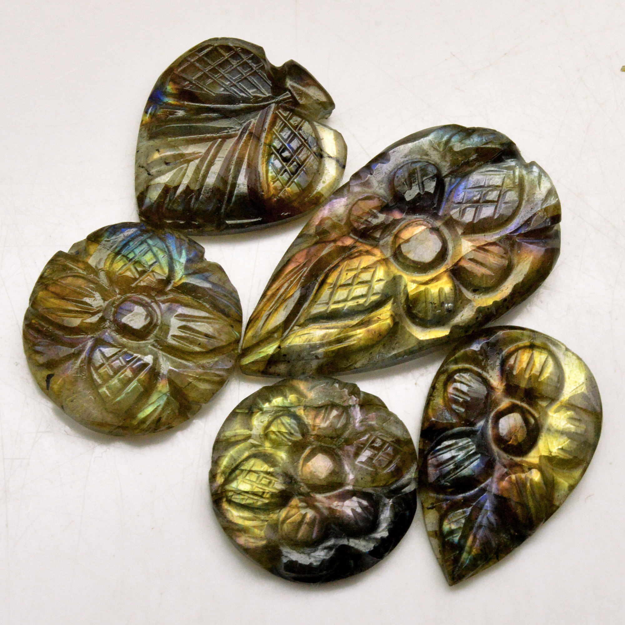 5 Pcs 65 Cts Natural Labradorite Carved Cabochon Blue Flashy Labradorite Carving Gemstone Mix Shape Loose Gemstone Flat Back Labradorite 32x14 20x18mm R-13607