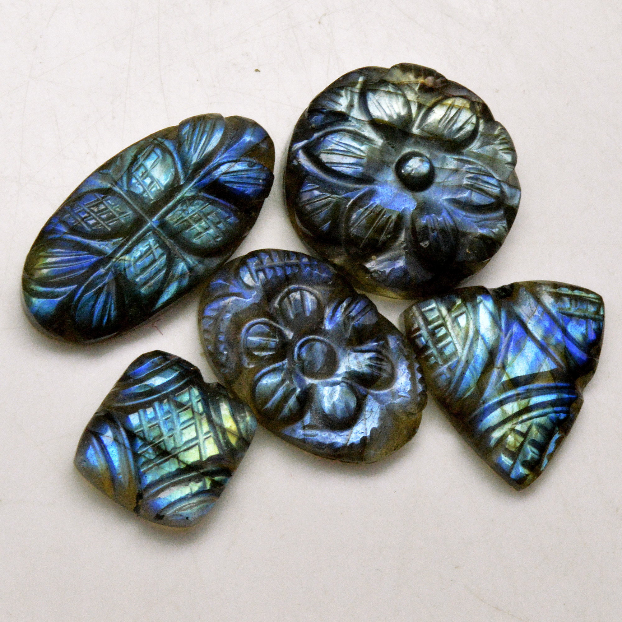 5 Pcs 70 Cts Natural Labradorite Carved Cabochon Blue Flashy Labradorite Carving Gemstone Mix Shape Loose Gemstone Flat Back Labradorite 26x12 12x12mm R-13611