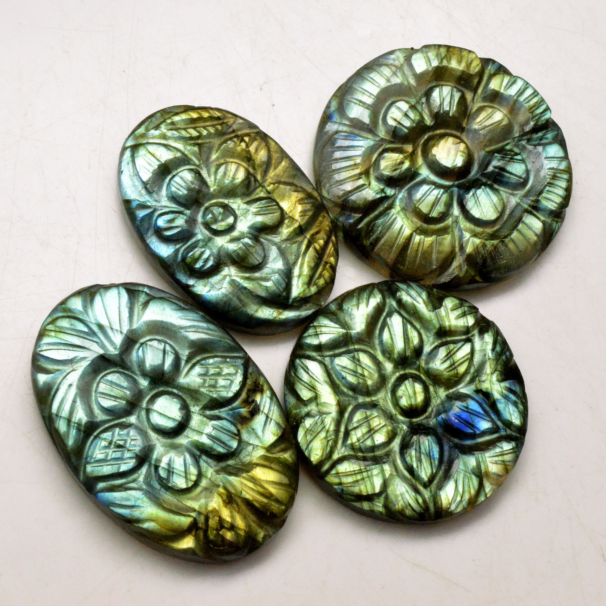 4 Pcs 131 Cts Natural Labradorite Carved Cabochon Blue Flashy Labradorite Carving Gemstone Mix Shape Loose Gemstone Flat Back Labradorite 32x12 25x25mm R-13612