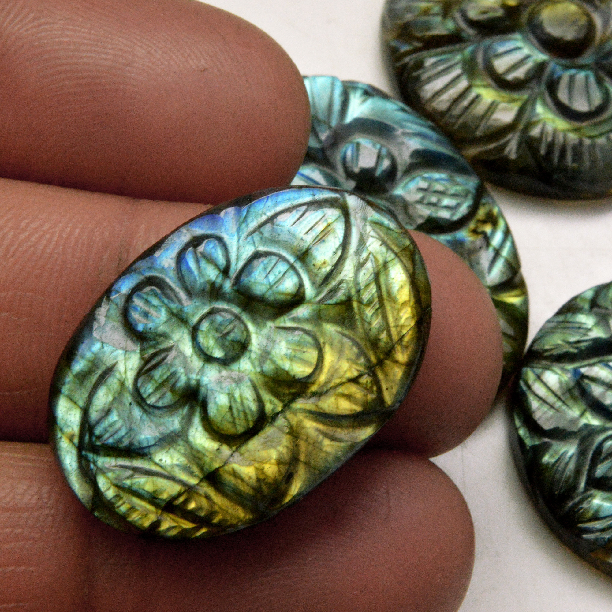 4 Pcs 131 Cts Natural Labradorite Carved Cabochon Blue Flashy Labradorite Carving Gemstone Mix Shape Loose Gemstone Flat Back Labradorite 32x12 25x25mm R-13612