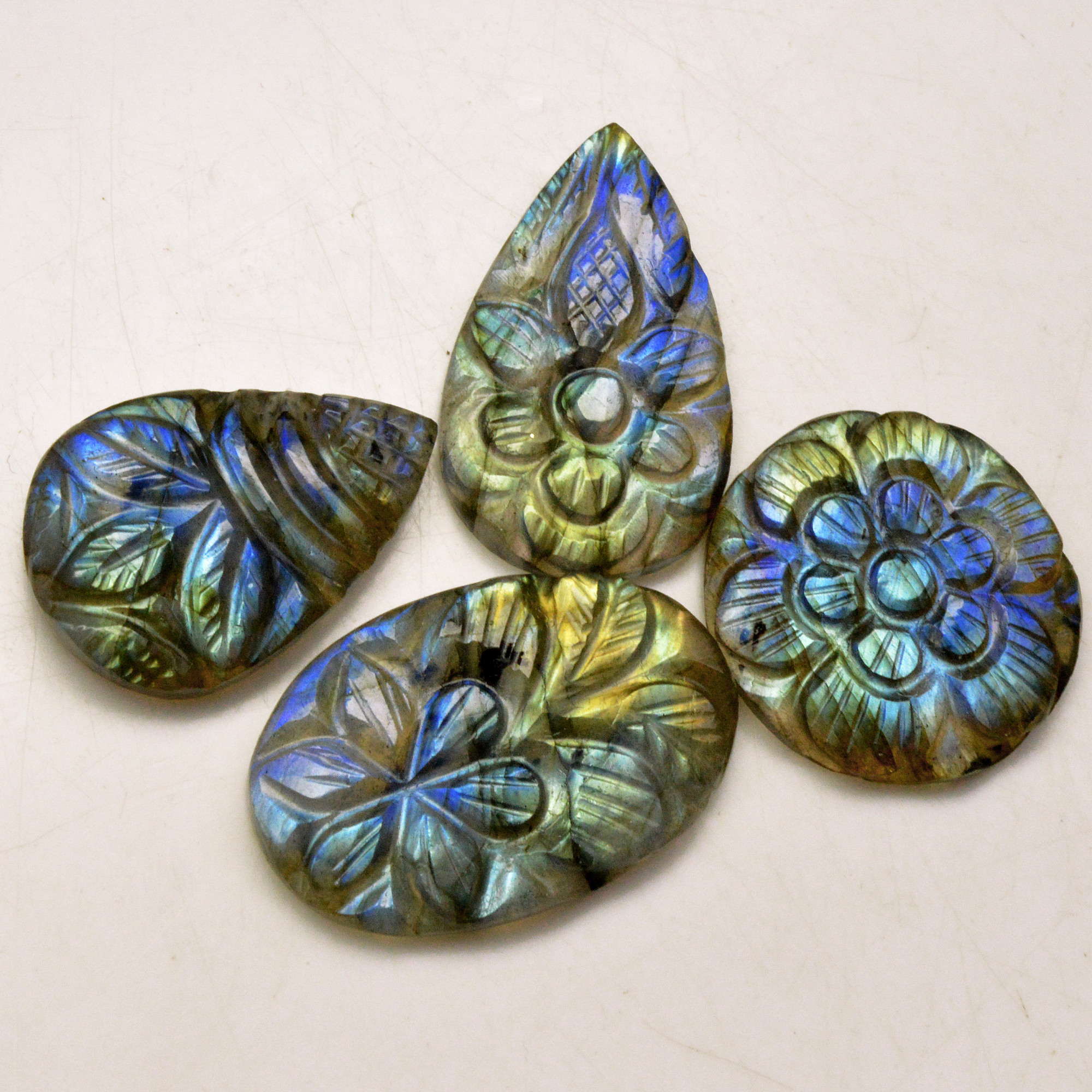 4 Pcs 80 Cts Natural Labradorite Carved Cabochon Blue Flashy Labradorite Carving Gemstone Mix Shape Loose Gemstone Flat Back Labradorite 30x20 25x13mm R-13613