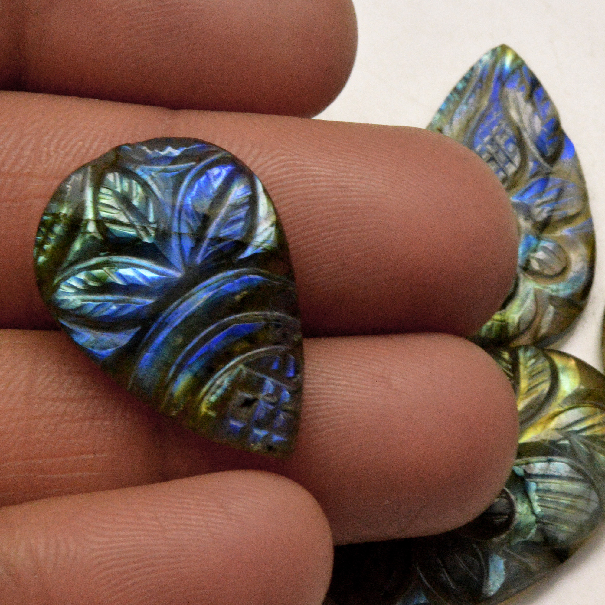 4 Pcs 80 Cts Natural Labradorite Carved Cabochon Blue Flashy Labradorite Carving Gemstone Mix Shape Loose Gemstone Flat Back Labradorite 30x20 25x13mm R-13613