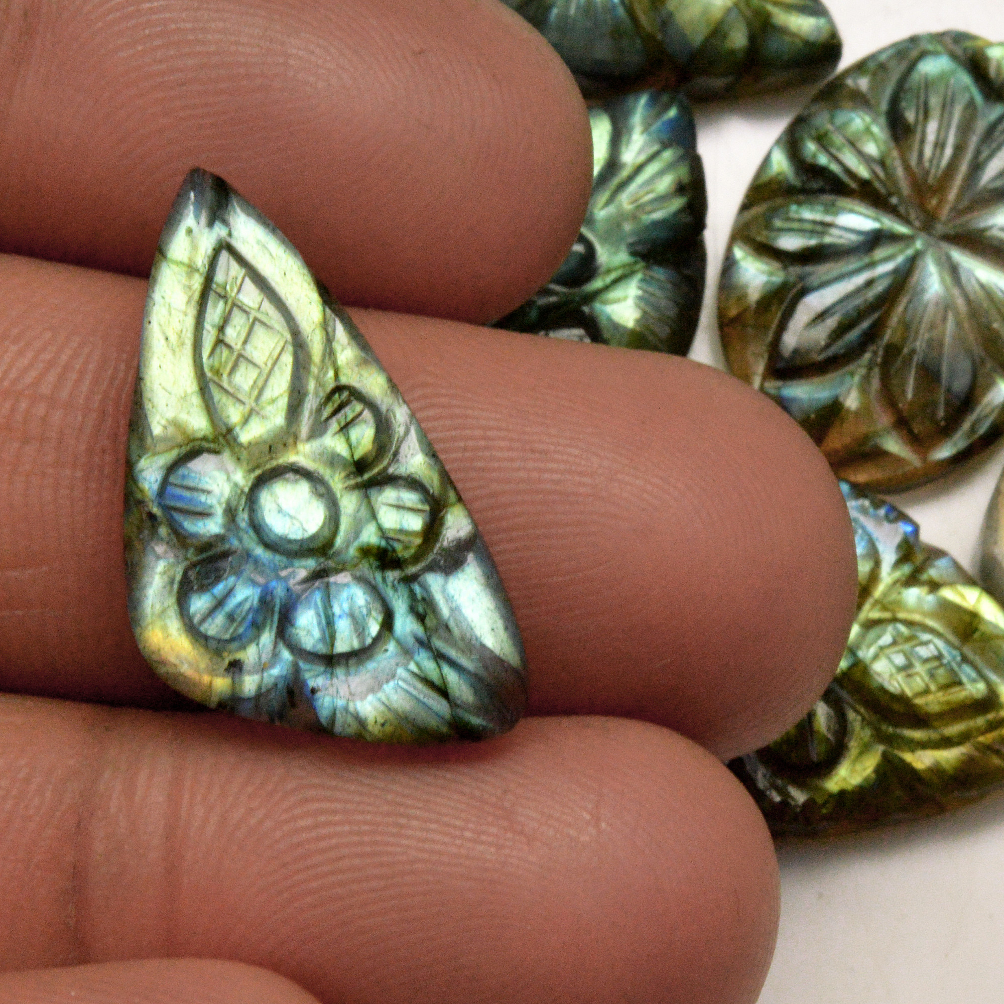 8 Pcs 109 Cts Natural Labradorite Carved Cabochon Blue Flashy Labradorite Carving Gemstone Mix Shape Loose Gemstone Flat Back Labradorite 29x14 20x11mm R-13615