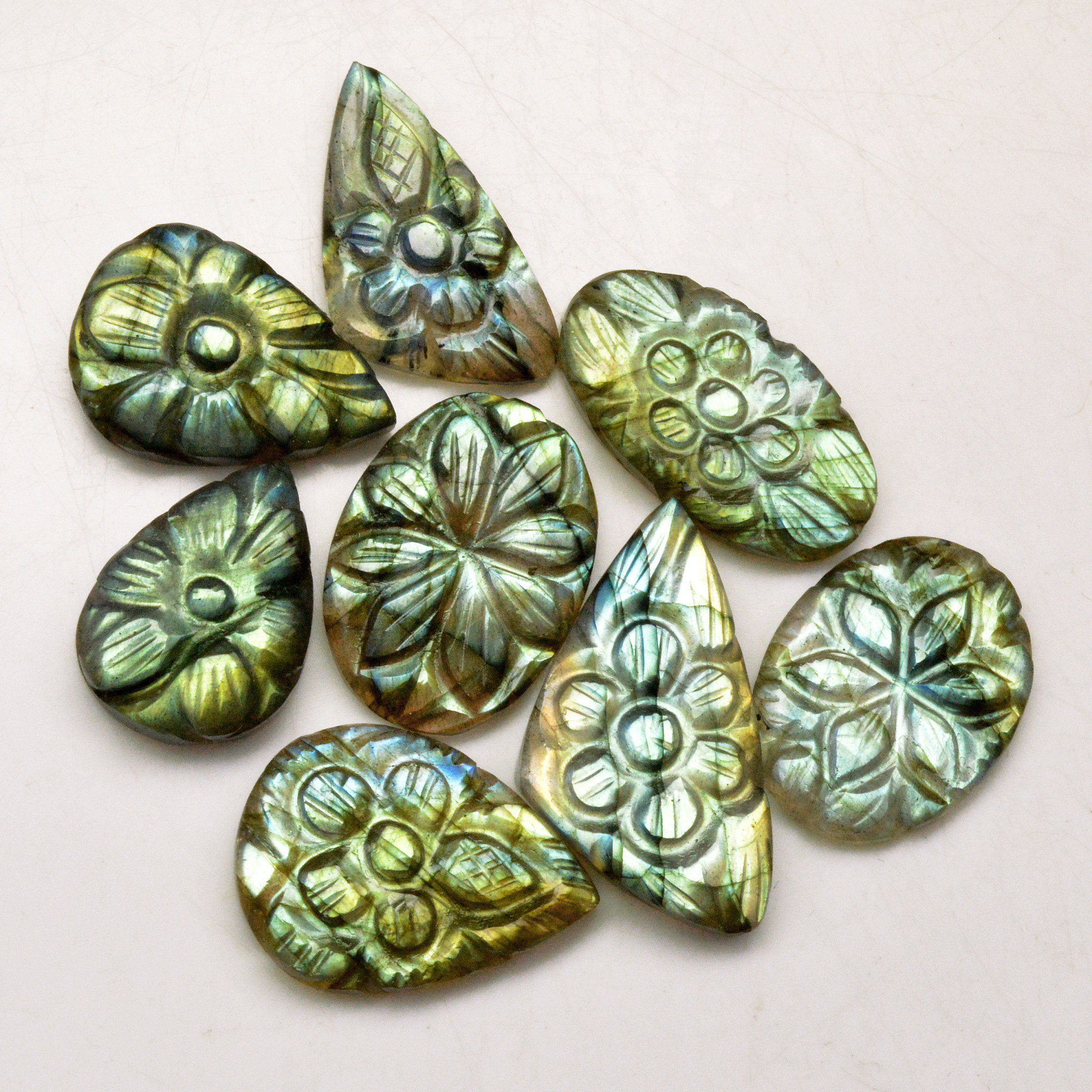 8 Pcs 109 Cts Natural Labradorite Carved Cabochon Blue Flashy Labradorite Carving Gemstone Mix Shape Loose Gemstone Flat Back Labradorite 29x14 20x11mm R-13615