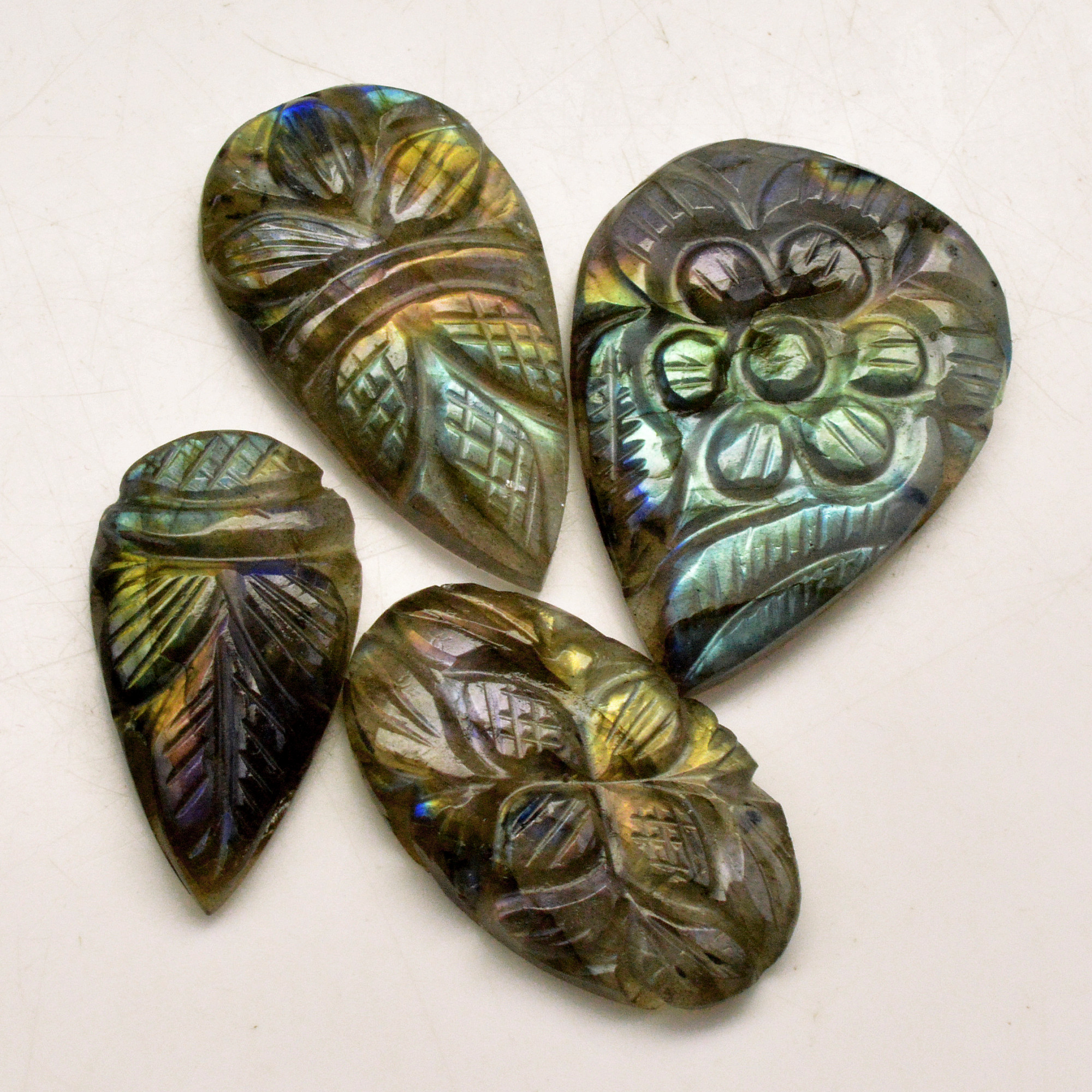 4 Pcs 75 Cts Natural Labradorite Carved Cabochon Blue Flashy Labradorite Carving Gemstone Mix Shape Loose Gemstone Flat Back Labradorite 30x22 24x11mm R-13617