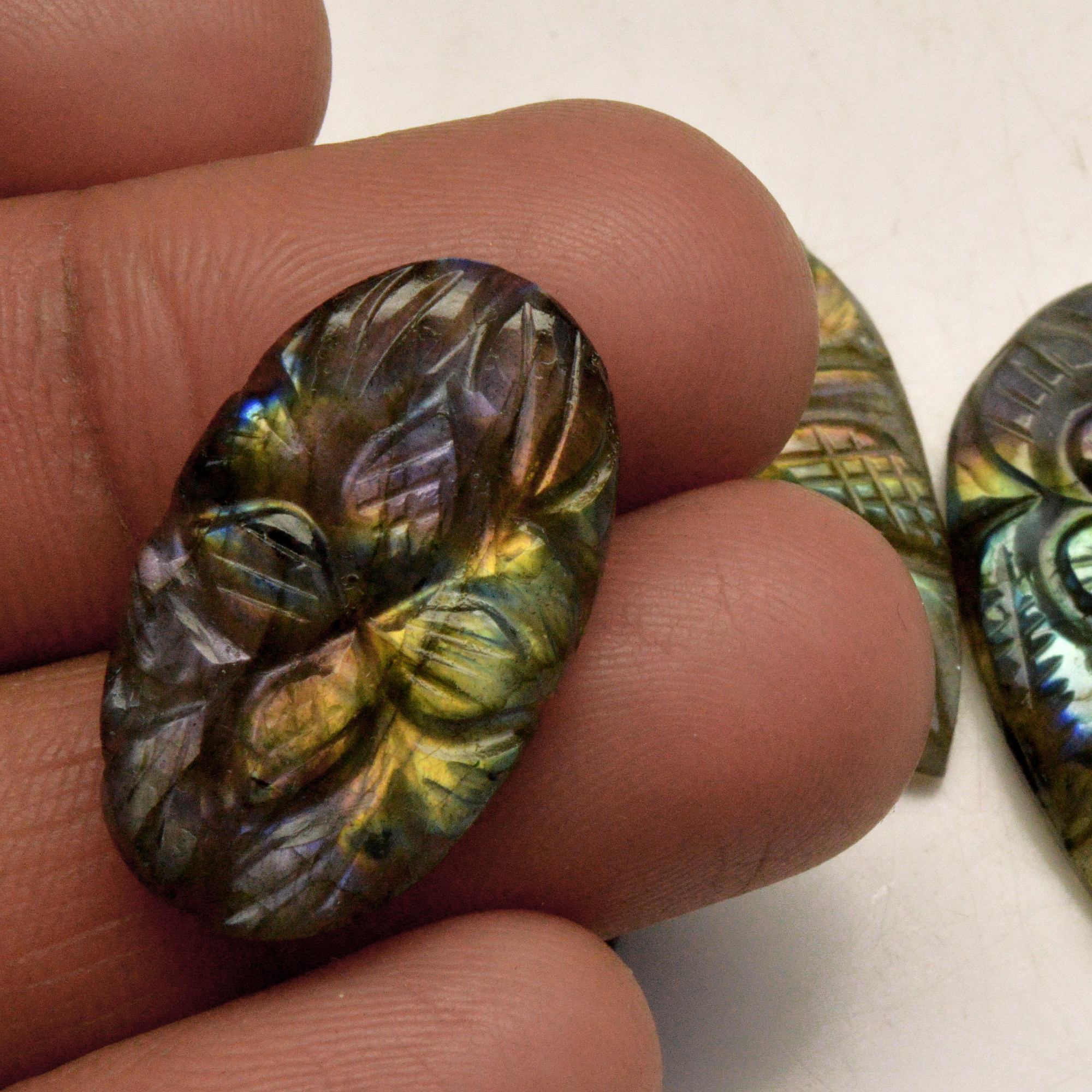 4 Pcs 75 Cts Natural Labradorite Carved Cabochon Blue Flashy Labradorite Carving Gemstone Mix Shape Loose Gemstone Flat Back Labradorite 30x22 24x11mm R-13617