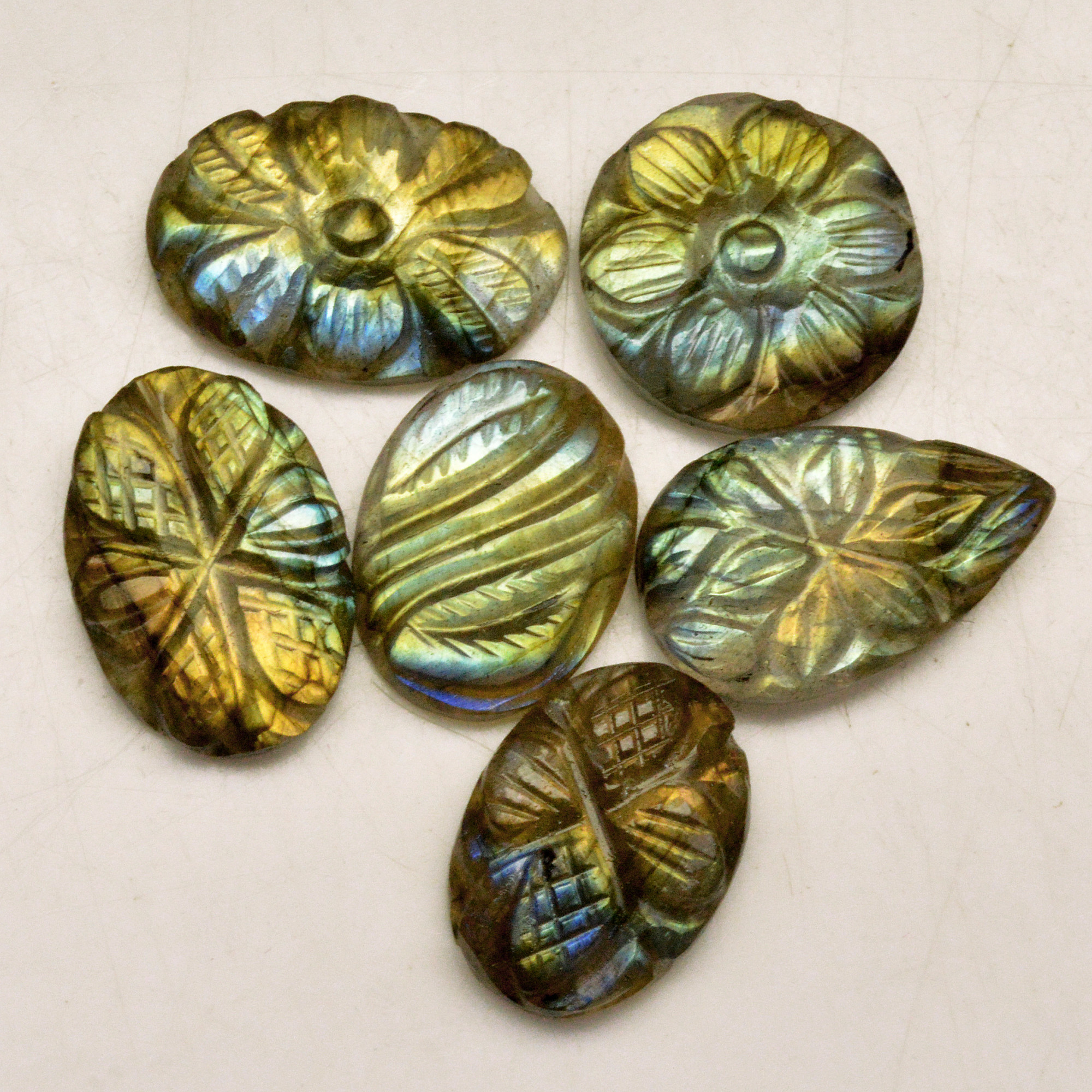 6 Pcs 55 Cts Natural Labradorite Carved Cabochon Blue Flashy Labradorite Carving Gemstone Mix Shape Loose Gemstone Flat Back Labradorite 19x12 18x11mm R-13619