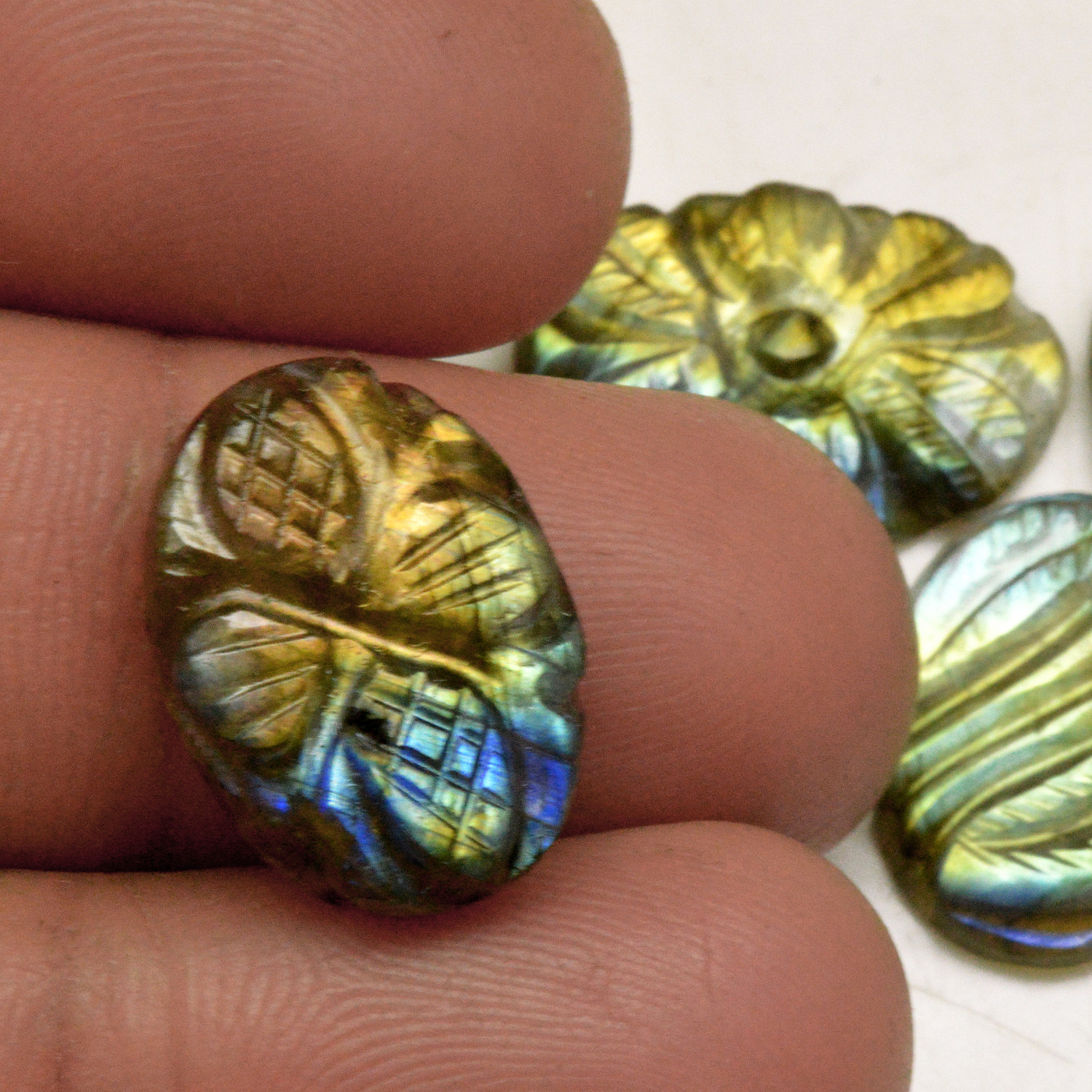 6 Pcs 55 Cts Natural Labradorite Carved Cabochon Blue Flashy Labradorite Carving Gemstone Mix Shape Loose Gemstone Flat Back Labradorite 19x12 18x11mm R-13619