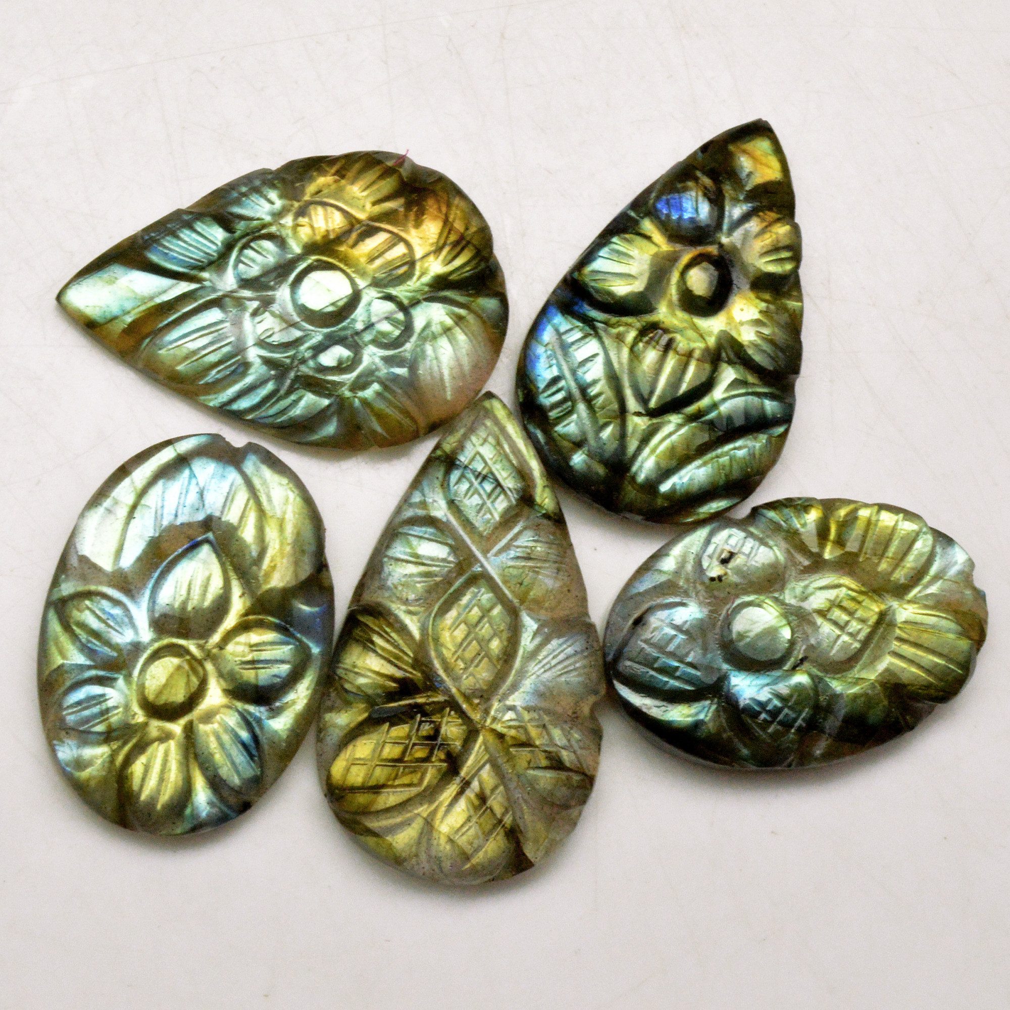 5 Pcs 74 Cts Natural Labradorite Carved Cabochon Blue Flashy Labradorite Carving Gemstone Mix Shape Loose Gemstone Flat Back Labradorite 28x13 25x14mm R-13620