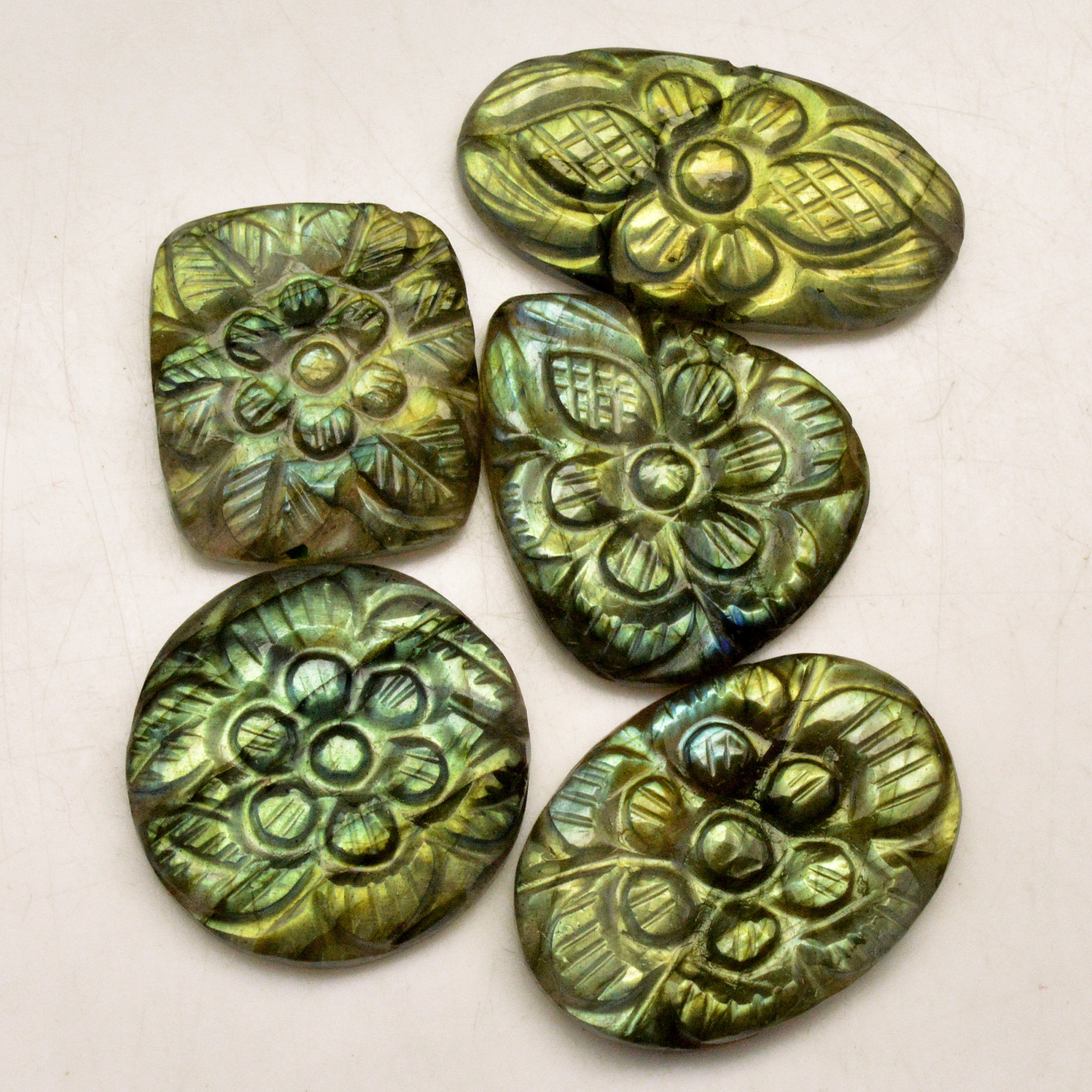 5 Pcs 99 Cts Natural Labradorite Carved Cabochon Blue Flashy Labradorite Carving Gemstone Mix Shape Loose Gemstone Flat Back Labradorite 30x13 19x18mm R-13622