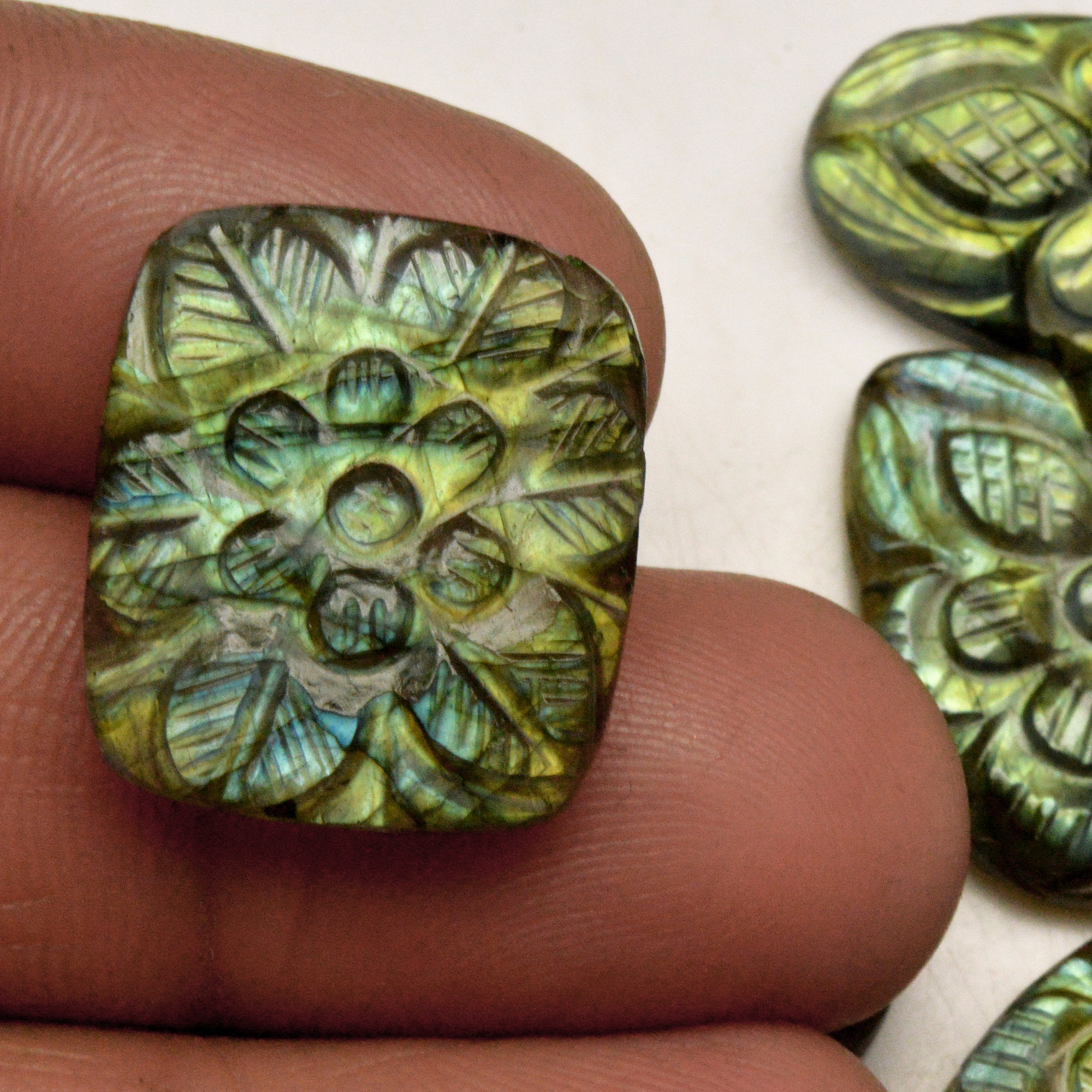 5 Pcs 99 Cts Natural Labradorite Carved Cabochon Blue Flashy Labradorite Carving Gemstone Mix Shape Loose Gemstone Flat Back Labradorite 30x13 19x18mm R-13622