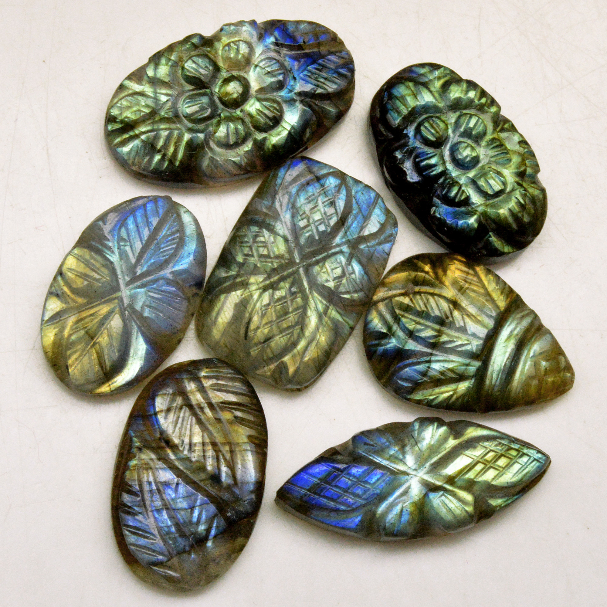 7 Pcs 66 Cts Natural Labradorite Carved Cabochon Blue Flashy Labradorite Carving Gemstone Mix Shape Loose Gemstone Flat Back Labradorite 21x10 18x10mm R-13623