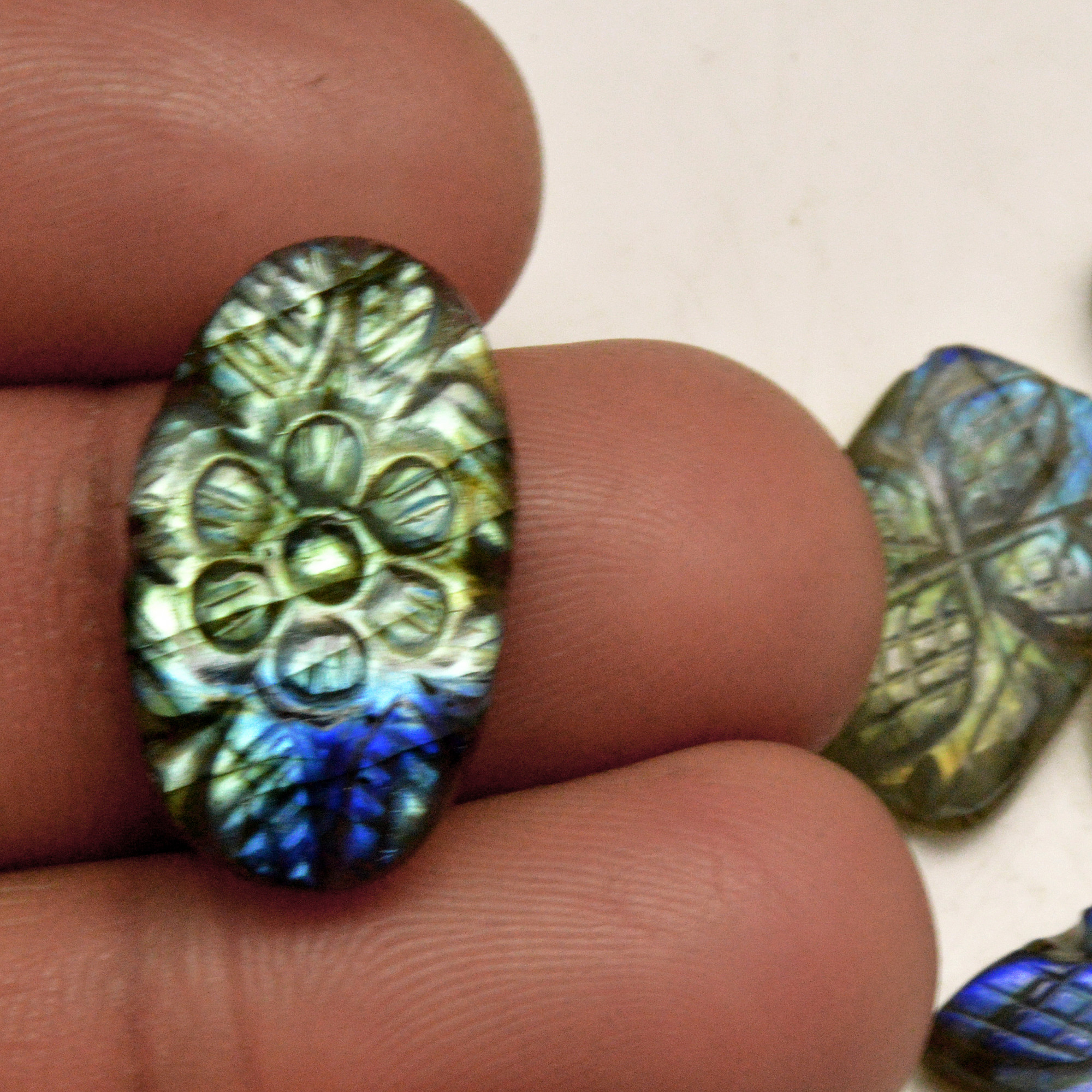 7 Pcs 66 Cts Natural Labradorite Carved Cabochon Blue Flashy Labradorite Carving Gemstone Mix Shape Loose Gemstone Flat Back Labradorite 21x10 18x10mm R-13623