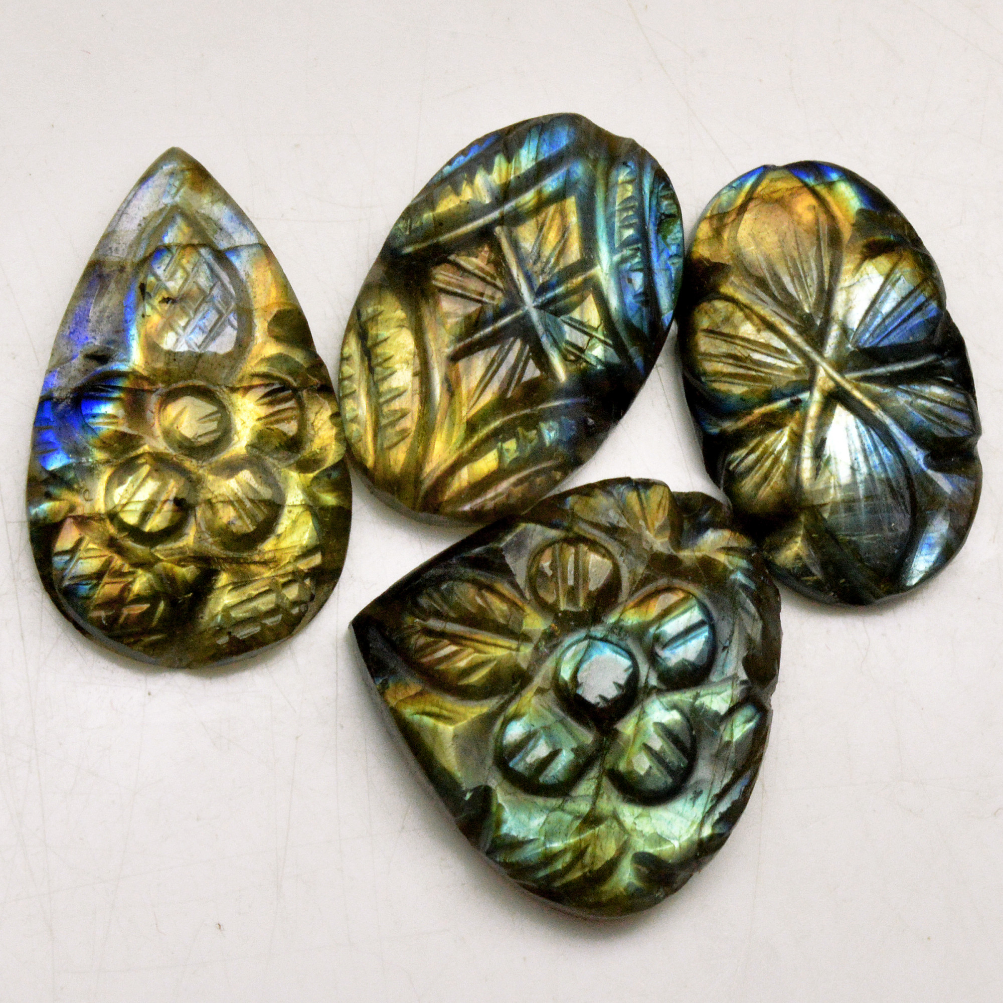 4 Pcs 58 Cts Natural Labradorite Carved Cabochon Blue Flashy Labradorite Carving Gemstone Mix Shape Loose Gemstone Flat Back Labradorite 23x13 20x22mm R-13624