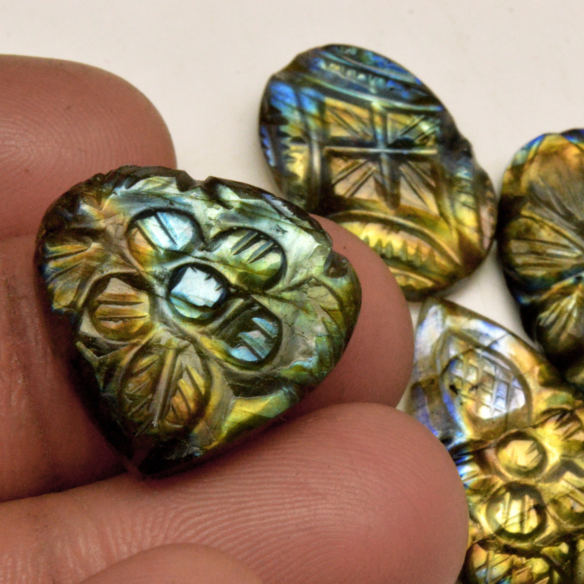 4 Pcs 58 Cts Natural Labradorite Carved Cabochon Blue Flashy Labradorite Carving Gemstone Mix Shape Loose Gemstone Flat Back Labradorite 23x13 20x22mm R-13624