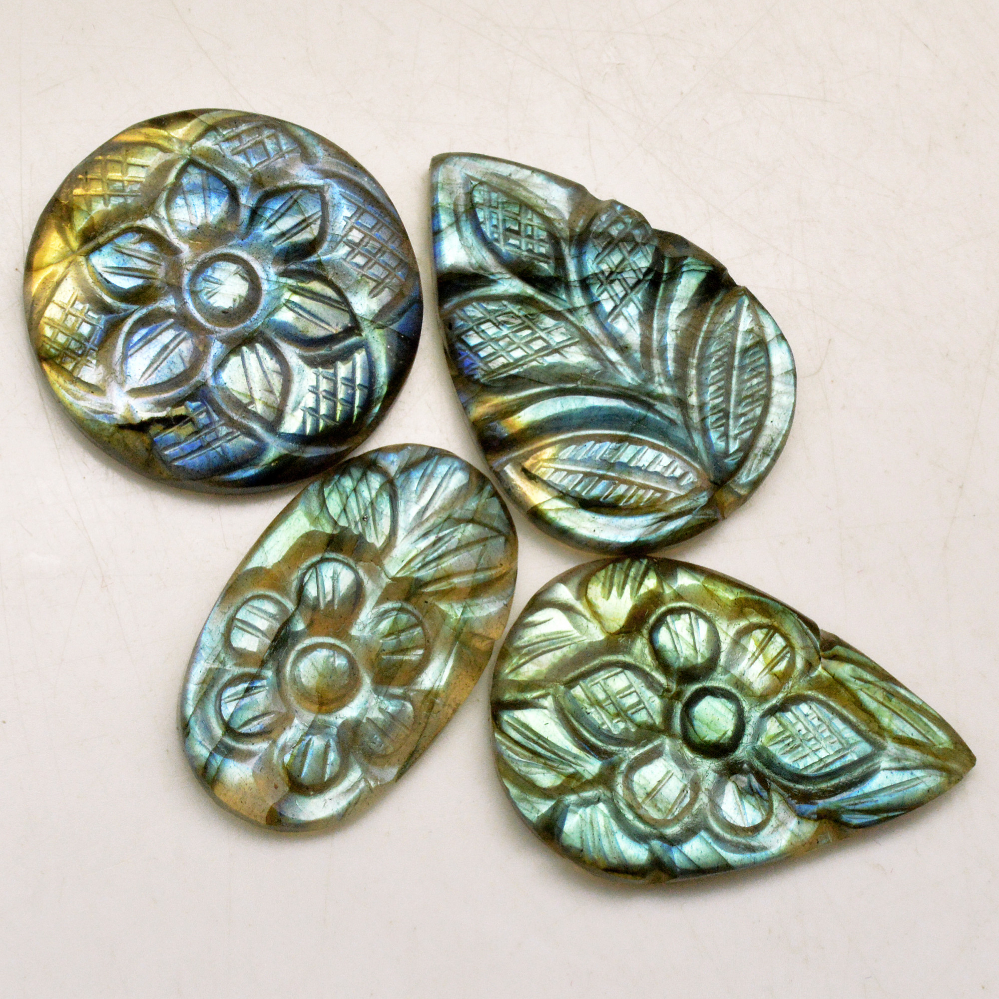4 Pcs 82 Cts Natural Labradorite Carved Cabochon Blue Flashy Labradorite Carving Gemstone Mix Shape Loose Gemstone Flat Back Labradorite 30x20 25x13mm R-13627