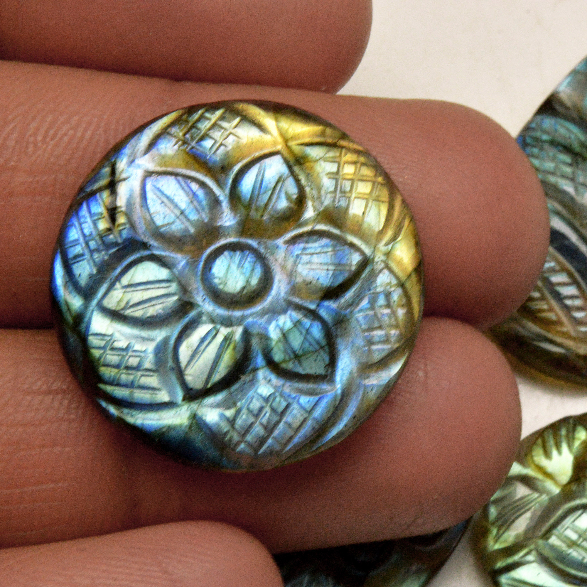 4 Pcs 82 Cts Natural Labradorite Carved Cabochon Blue Flashy Labradorite Carving Gemstone Mix Shape Loose Gemstone Flat Back Labradorite 30x20 25x13mm R-13627