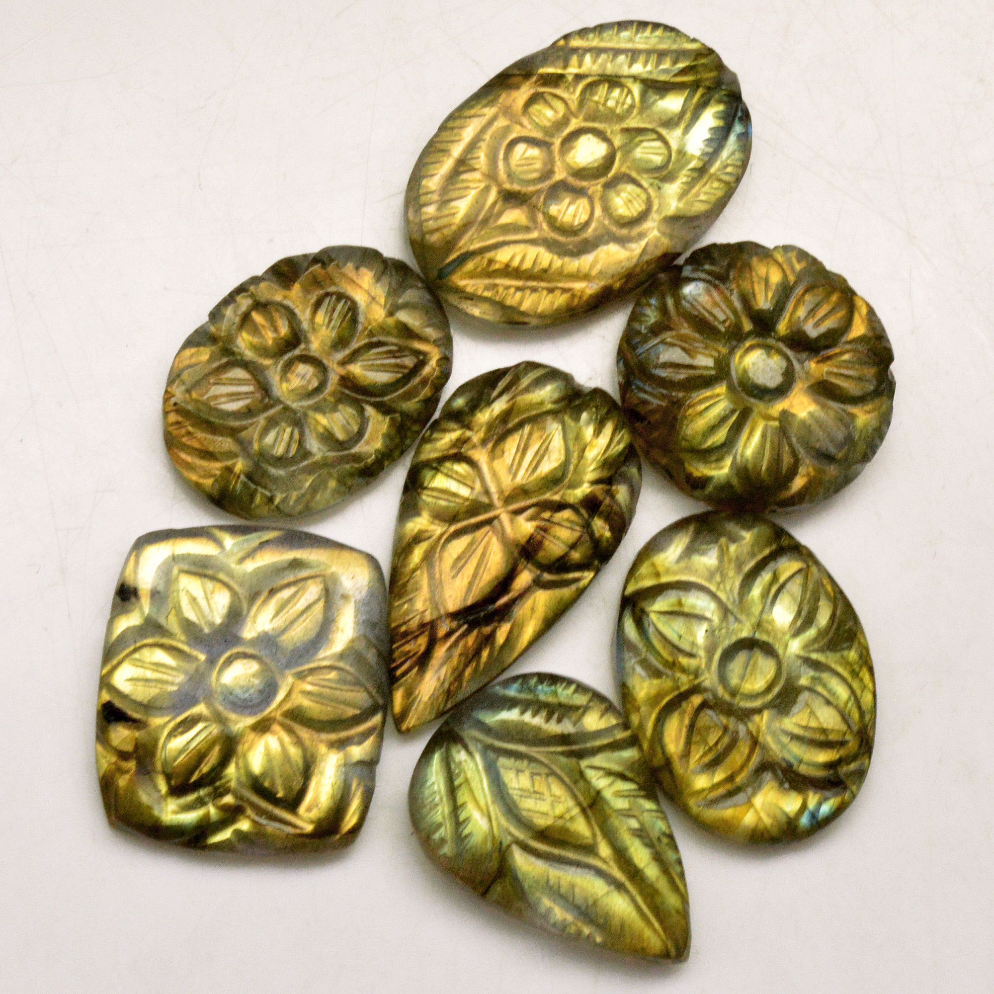 7 Pcs 97 Cts Natural Labradorite Carved Cabochon Blue Flashy Labradorite Carving Gemstone Mix Shape Loose Gemstone Flat Back Labradorite 25x14 19x19mm R-13628