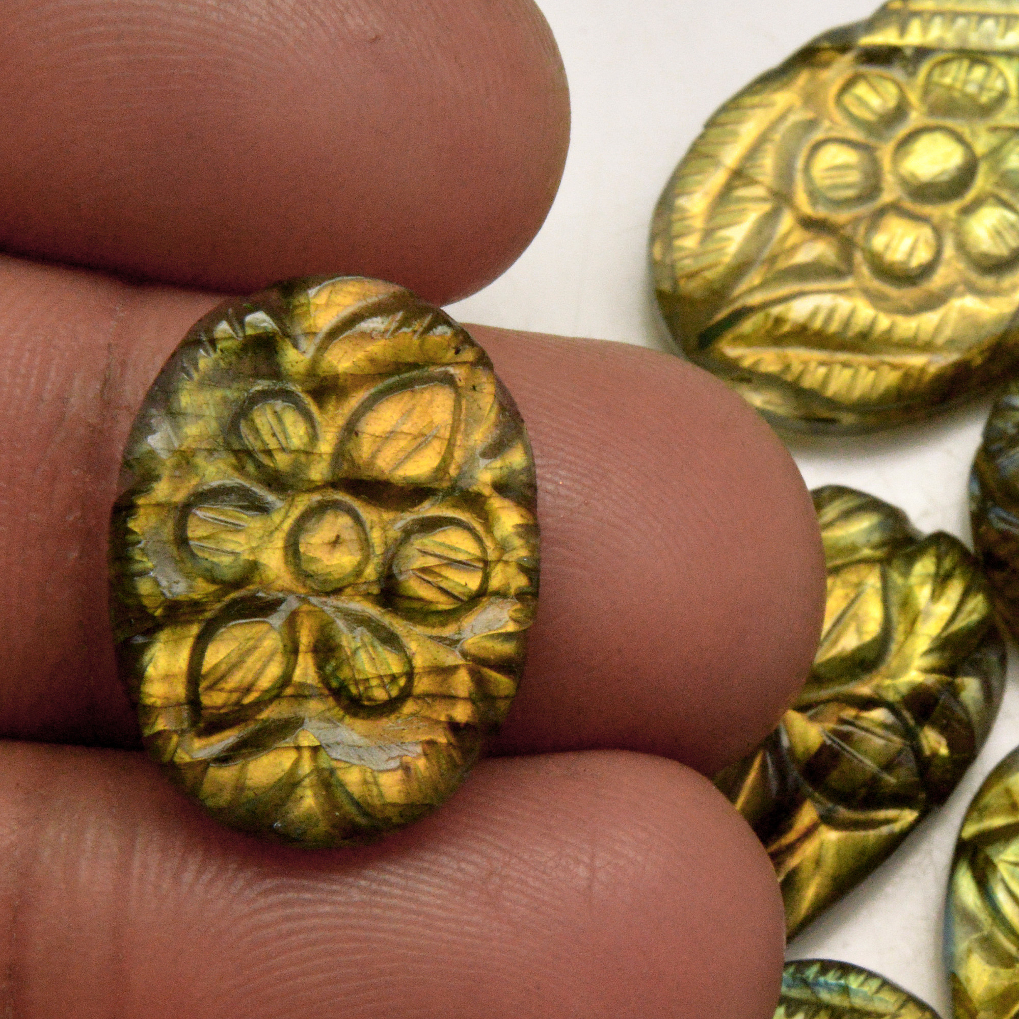 7 Pcs 97 Cts Natural Labradorite Carved Cabochon Blue Flashy Labradorite Carving Gemstone Mix Shape Loose Gemstone Flat Back Labradorite 25x14 19x19mm R-13628