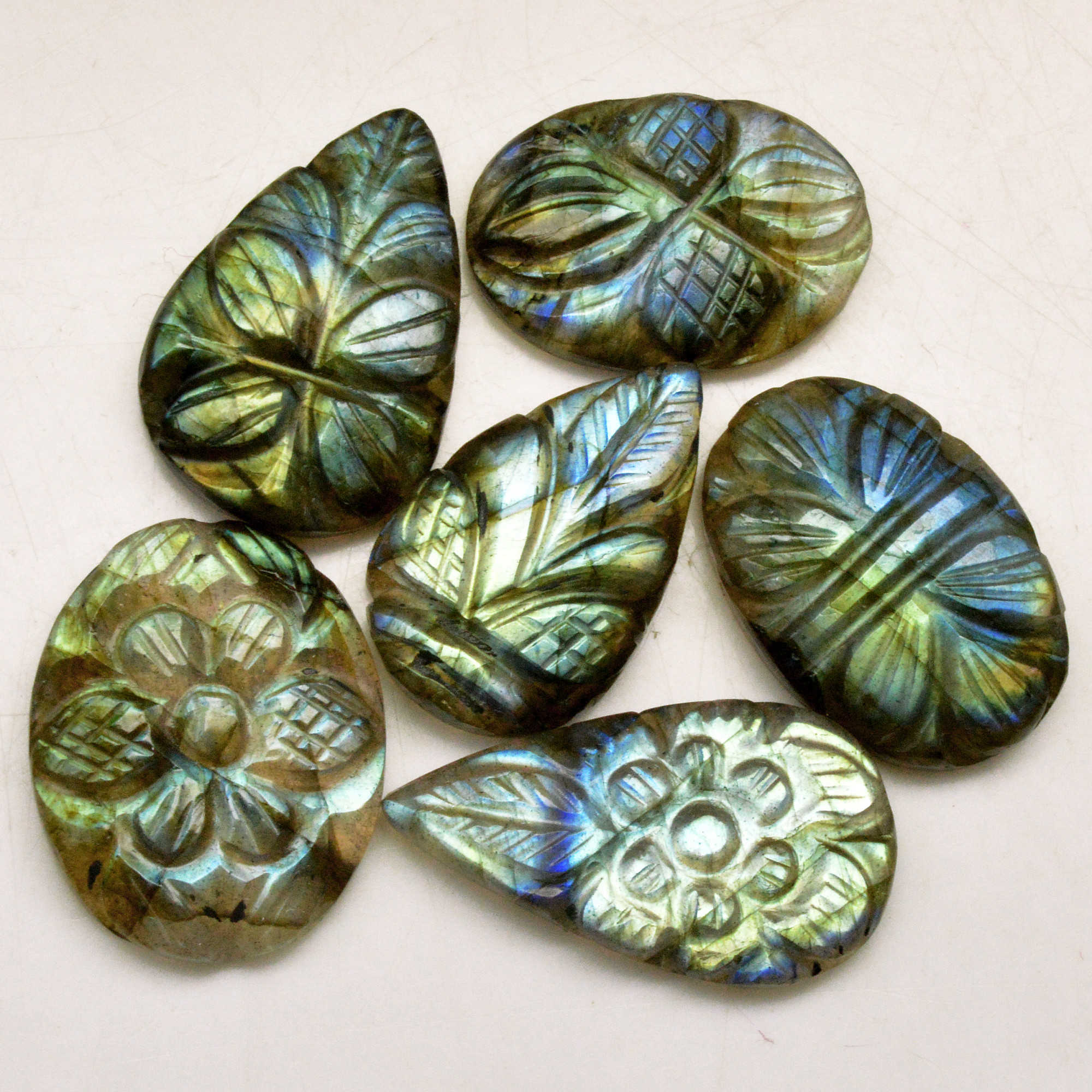 6 Pcs 73 Cts Natural Labradorite Carved Cabochon Blue Flashy Labradorite Carving Gemstone Mix Shape Loose Gemstone Flat Back Labradorite 22x11 20x12mm R-13629