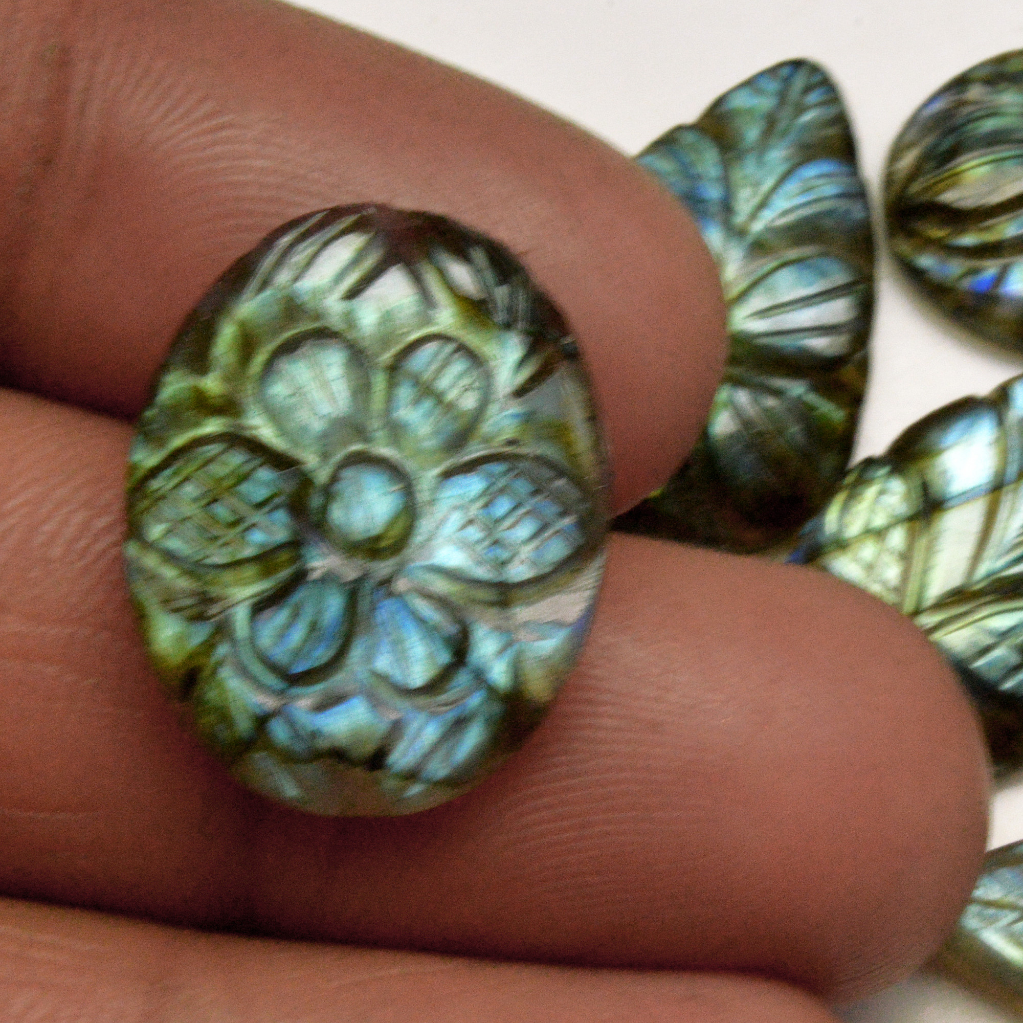 6 Pcs 73 Cts Natural Labradorite Carved Cabochon Blue Flashy Labradorite Carving Gemstone Mix Shape Loose Gemstone Flat Back Labradorite 22x11 20x12mm R-13629