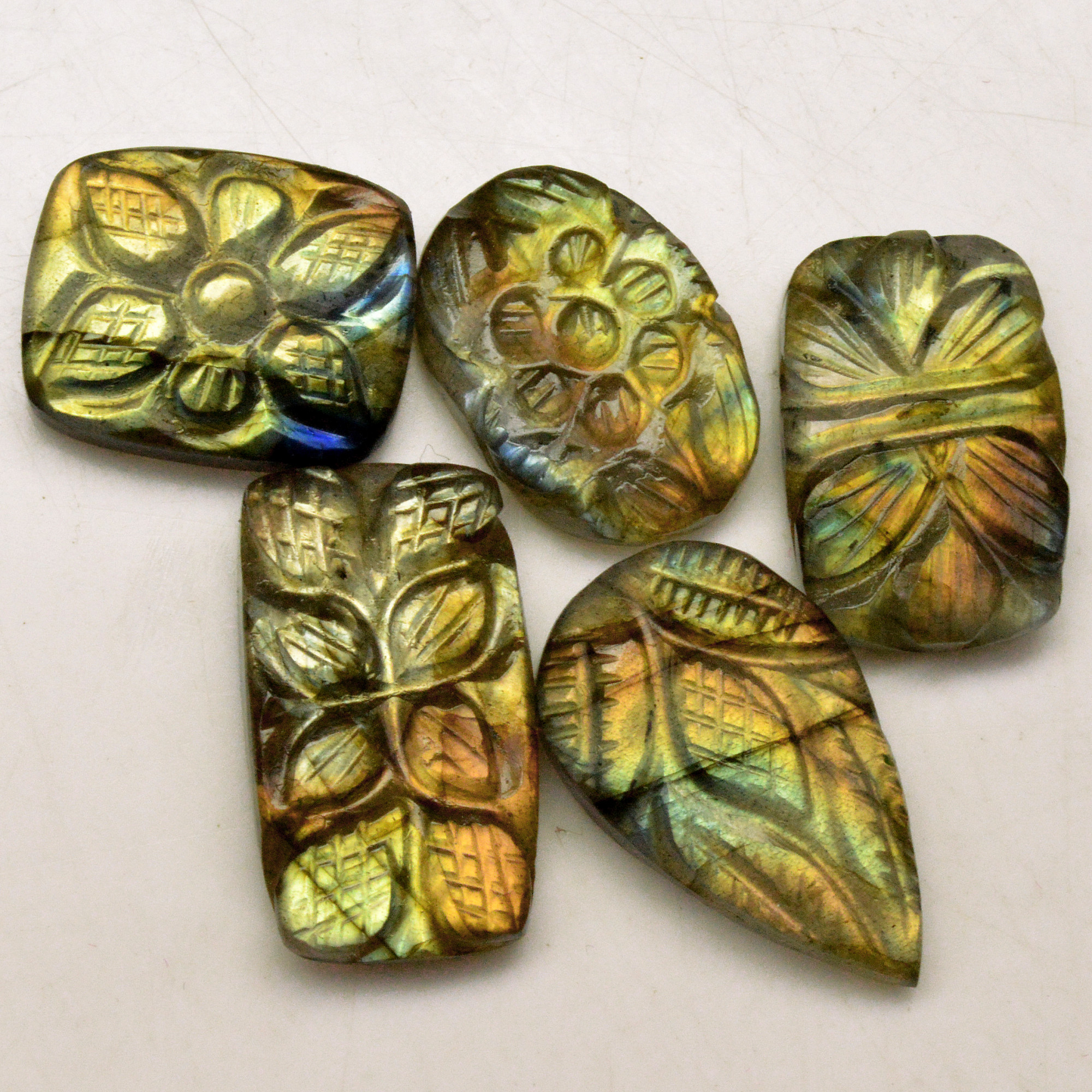 5 Pcs 63 Cts Natural Labradorite Carved Cabochon Blue Flashy Labradorite Carving Gemstone Mix Shape Loose Gemstone Flat Back Labradorite 21x12 17x12mm R-13630