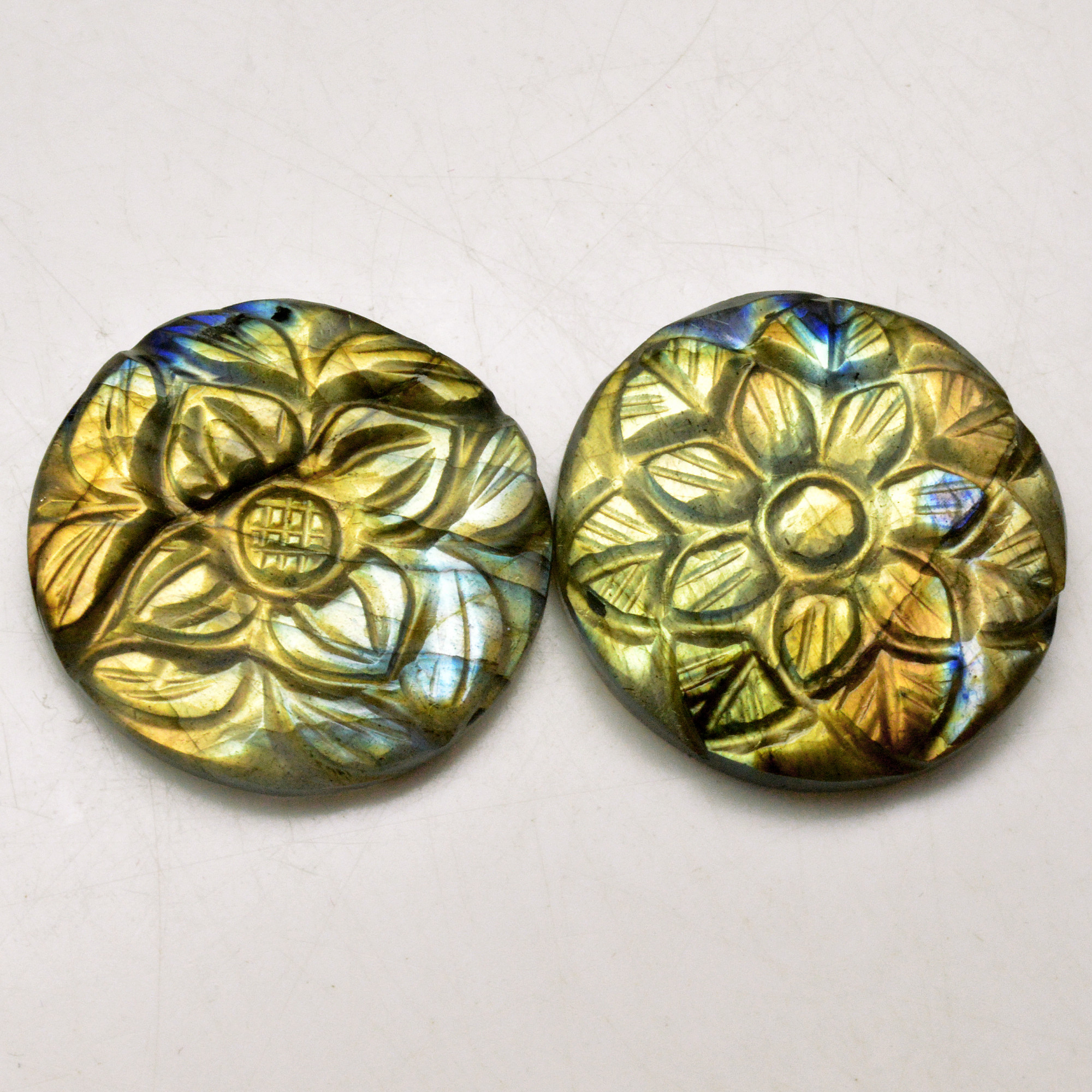 2 Pcs 69 Cts Natural Labradorite Carved Cabochon Blue Flashy Labradorite Carving Gemstone Mix Shape Loose Gemstone Flat Back Labradorite 27x27 27x27mm R-13631