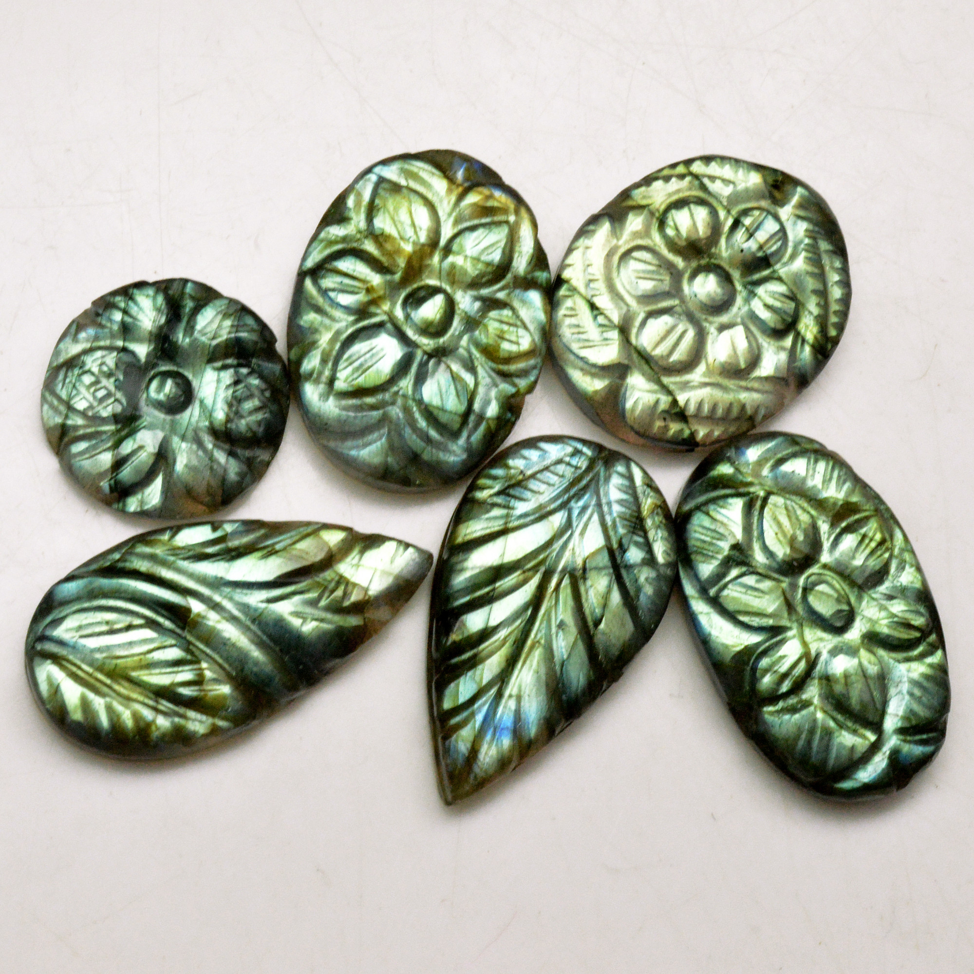 6 Pcs 88 Cts Natural Labradorite Carved Cabochon Blue Flashy Labradorite Carving Gemstone Mix Shape Loose Gemstone Flat Back Labradorite 24x15 13x13mm R-13632