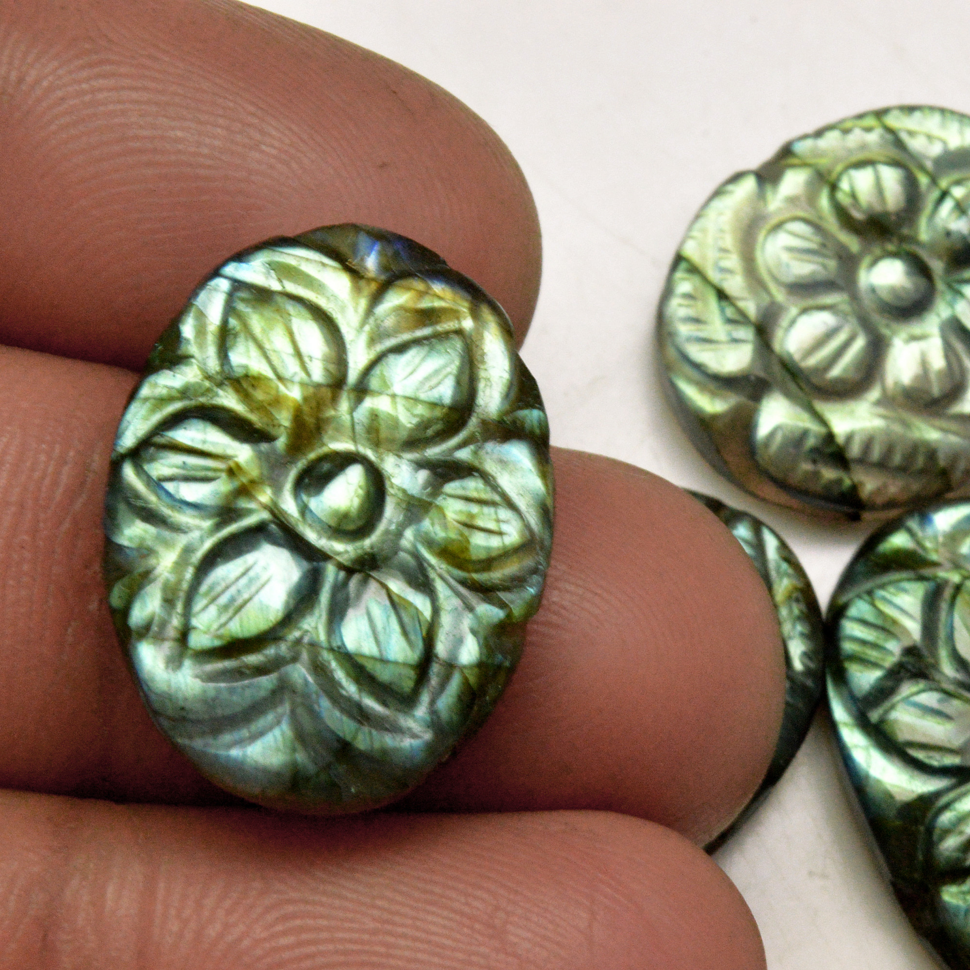 6 Pcs 88 Cts Natural Labradorite Carved Cabochon Blue Flashy Labradorite Carving Gemstone Mix Shape Loose Gemstone Flat Back Labradorite 24x15 13x13mm R-13632