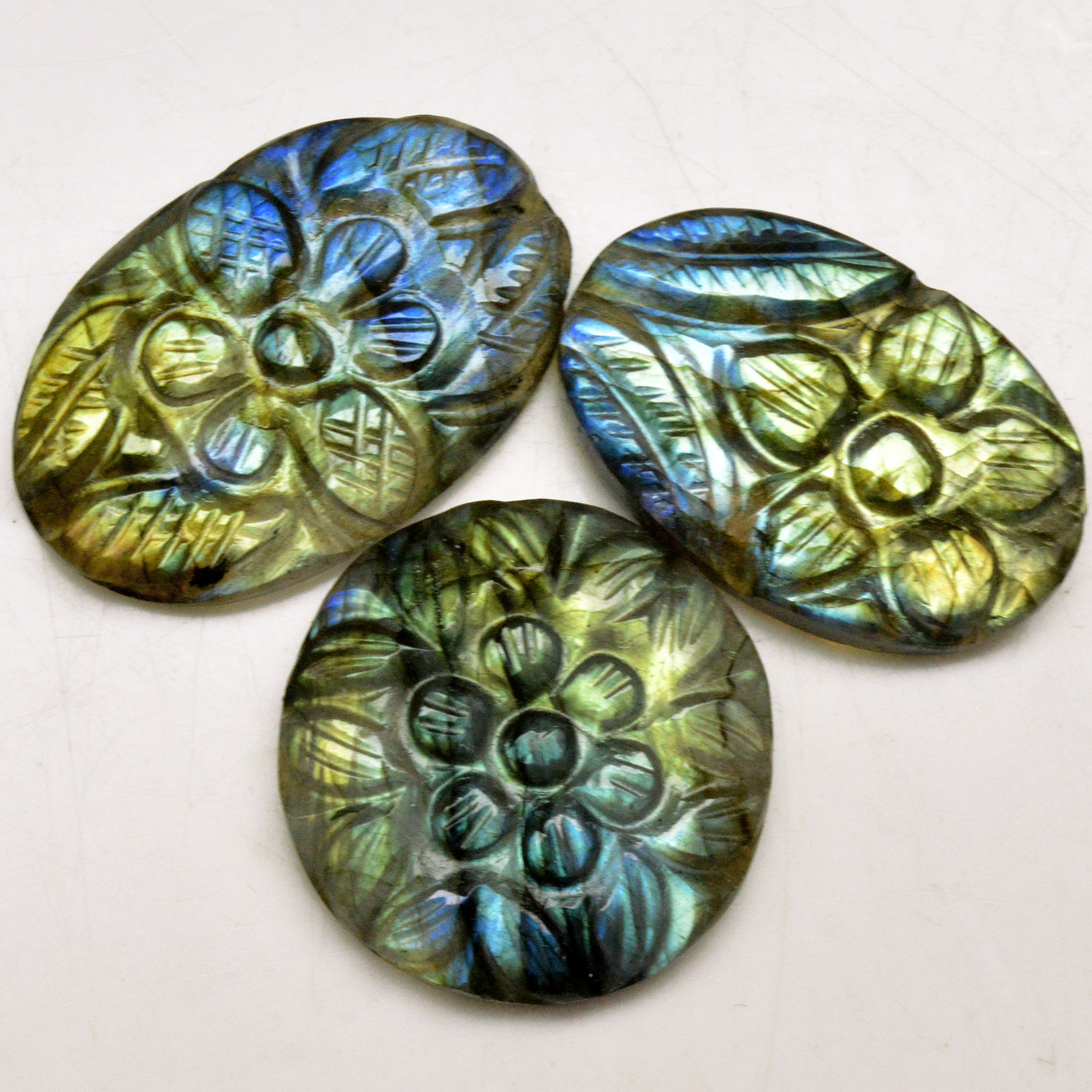 3 Pcs 71 Cts Natural Labradorite Carved Cabochon Blue Flashy Labradorite Carving Gemstone Mix Shape Loose Gemstone Flat Back Labradorite 30x20 24x24mm R-13633