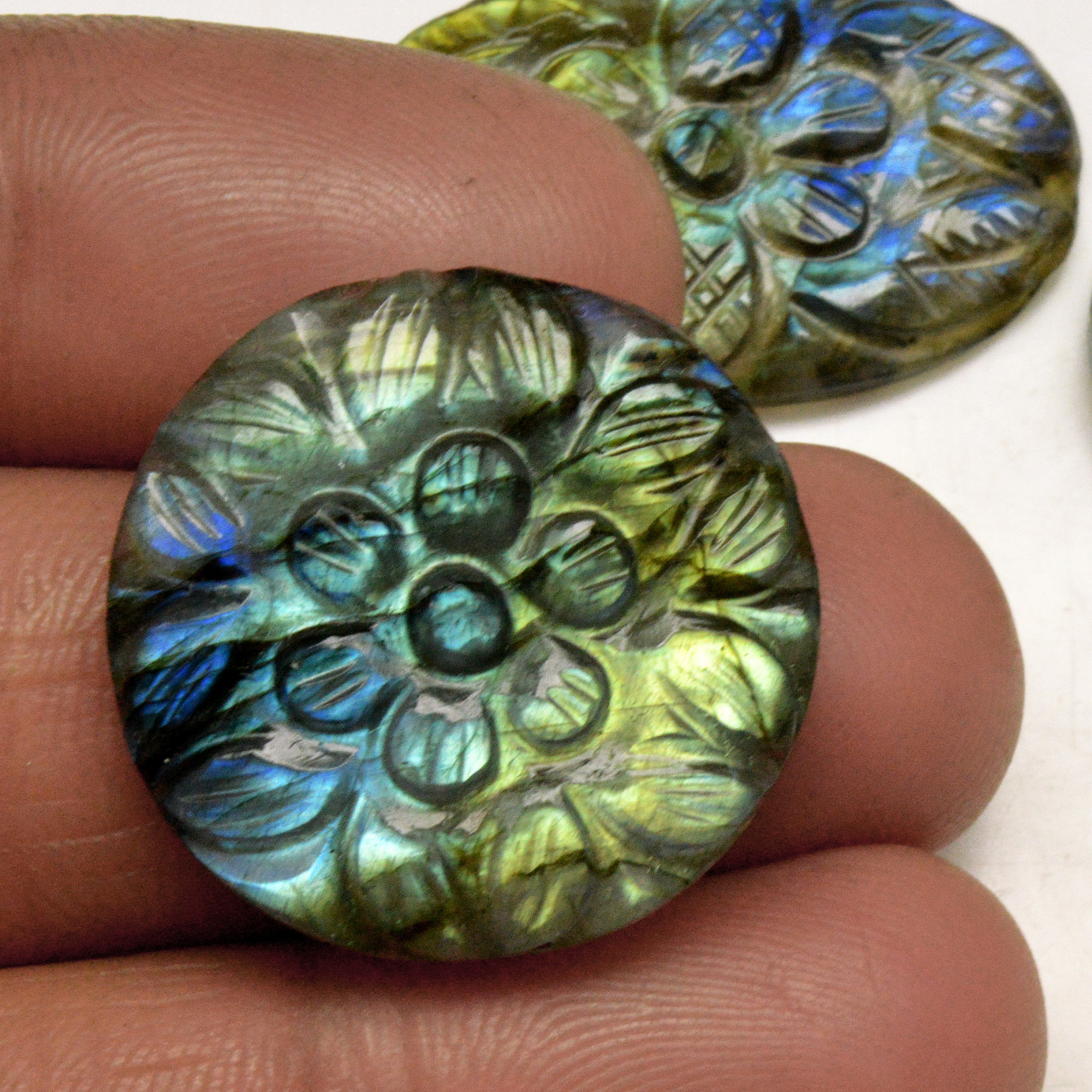 3 Pcs 71 Cts Natural Labradorite Carved Cabochon Blue Flashy Labradorite Carving Gemstone Mix Shape Loose Gemstone Flat Back Labradorite 30x20 24x24mm R-13633