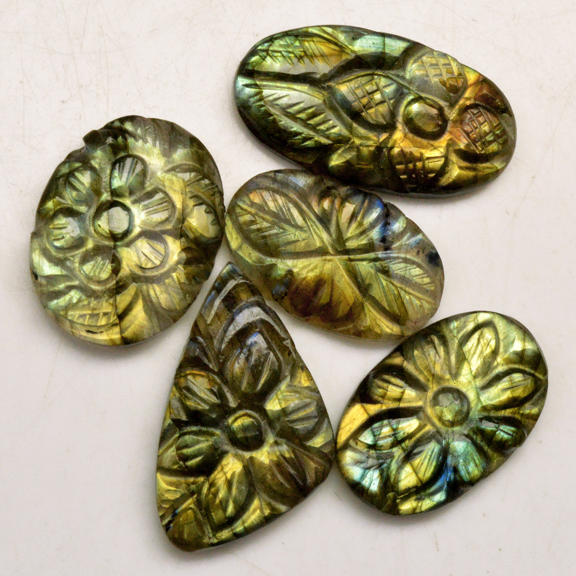 5 Pcs 66 Cts Natural Labradorite Carved Cabochon Blue Flashy Labradorite Carving Gemstone Mix Shape Loose Gemstone Flat Back Labradorite 27x12 20x12mm R-13634