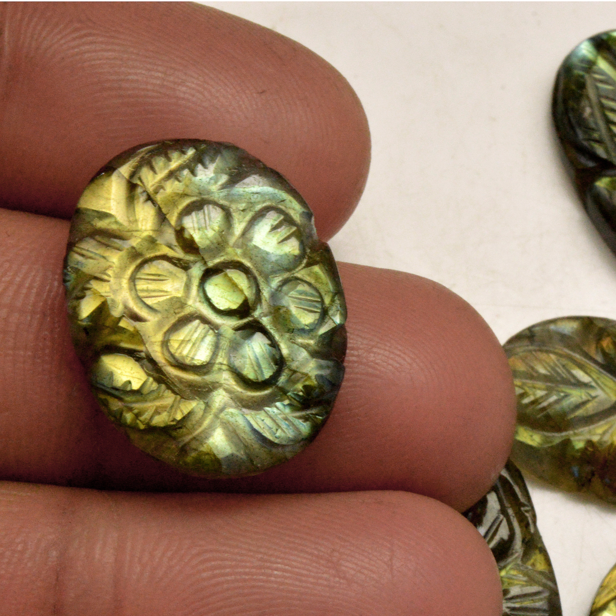 5 Pcs 66 Cts Natural Labradorite Carved Cabochon Blue Flashy Labradorite Carving Gemstone Mix Shape Loose Gemstone Flat Back Labradorite 27x12 20x12mm R-13634